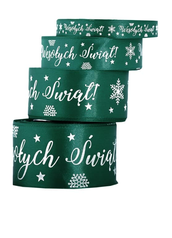 Wstążka satyna Wesołych Świąt 12mm/22mb, butelka