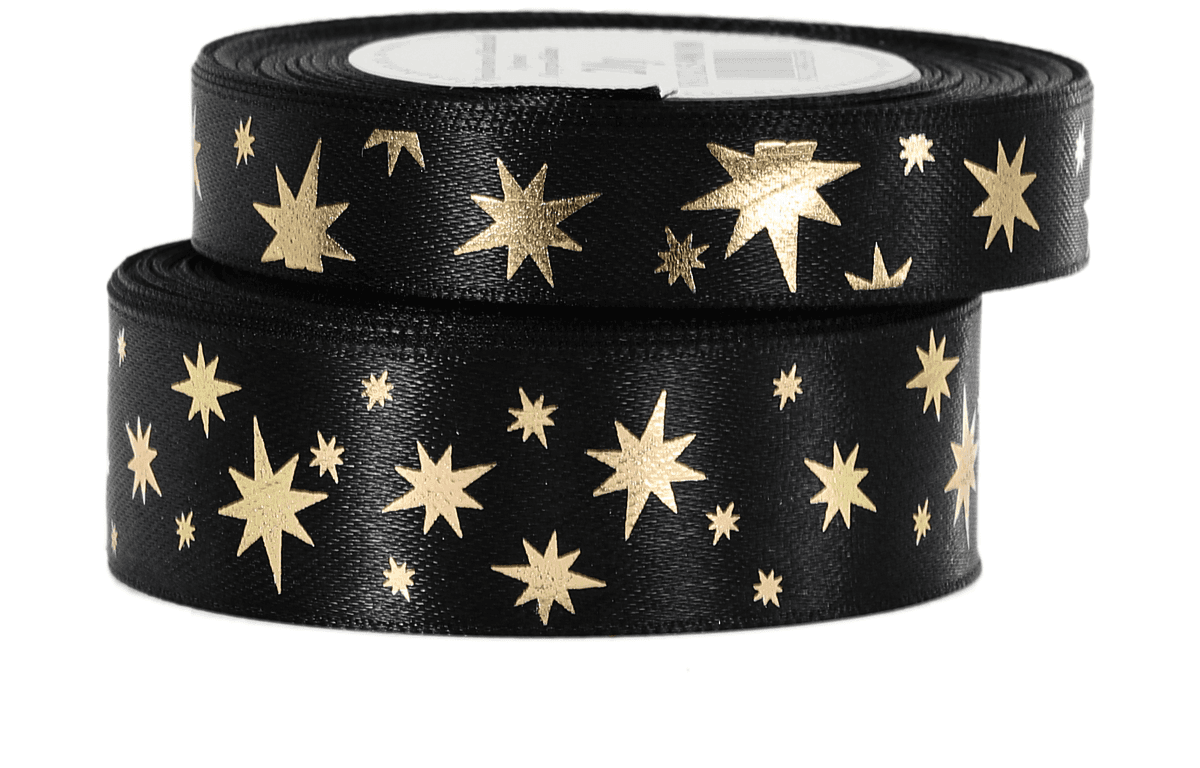 Wstążka gwiazdy metalik, 15mm/18mb, czarna/złoto