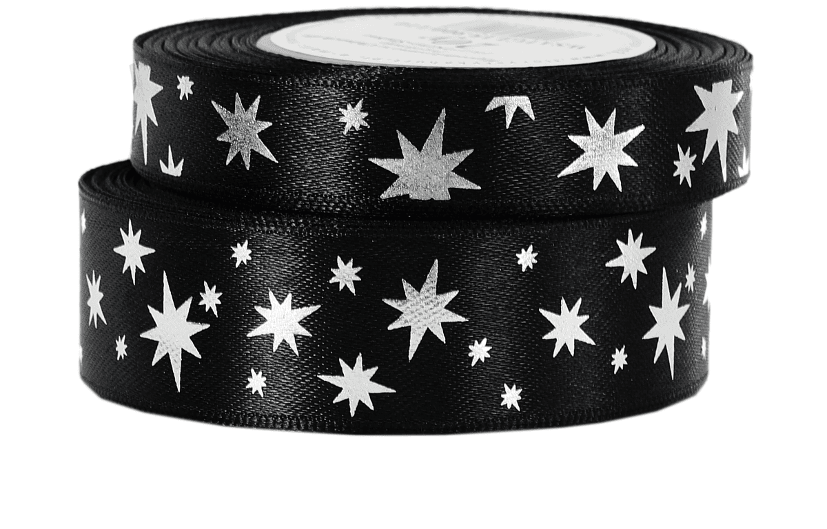 Wstążka gwiazdy metalik, 15mm/18mb, czarna/srebro