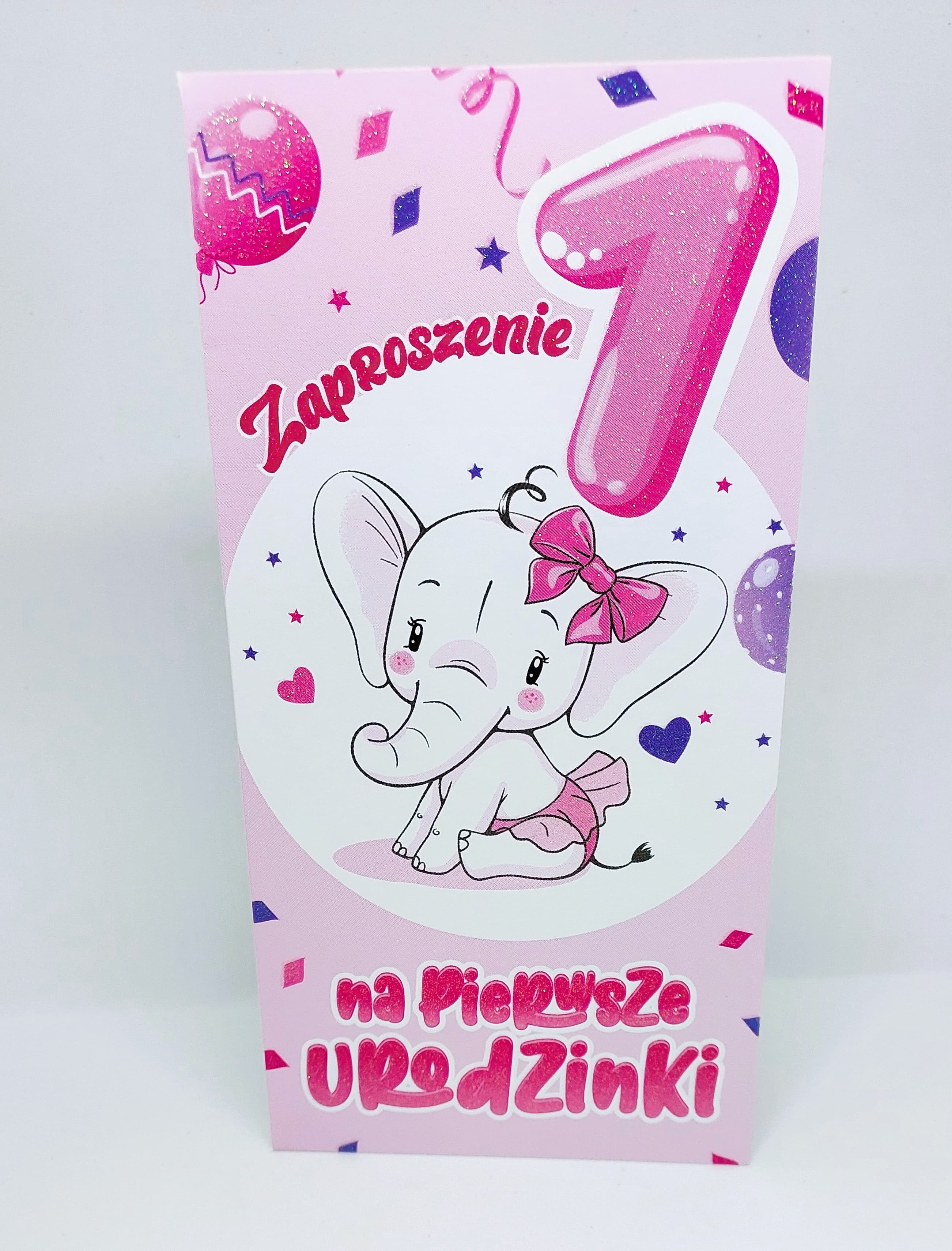 Zaproszenie różowe z brokatem 1 ROCZEK, 1 szt.