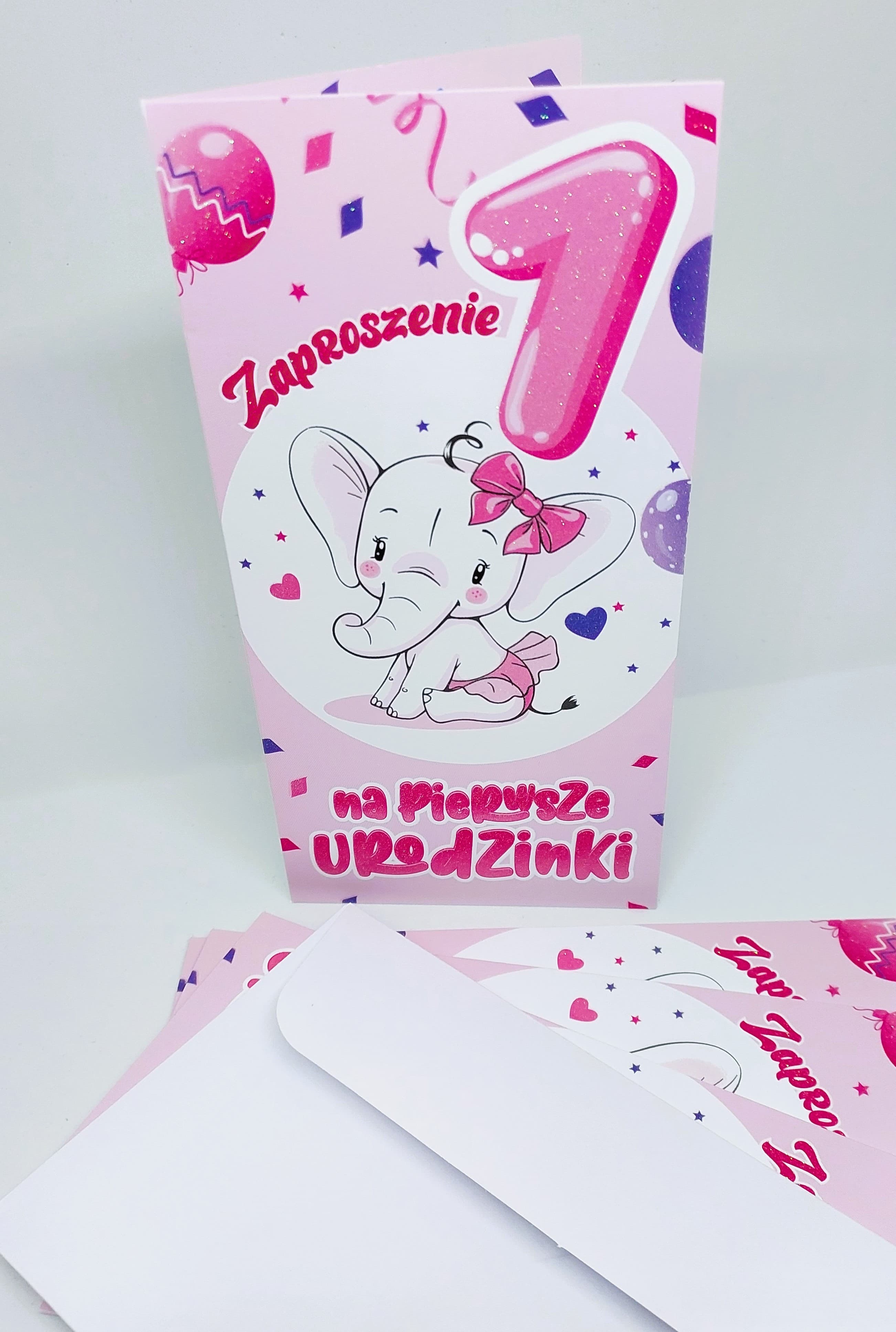 Zaproszenie różowe z brokatem 1 ROCZEK, 1 szt.