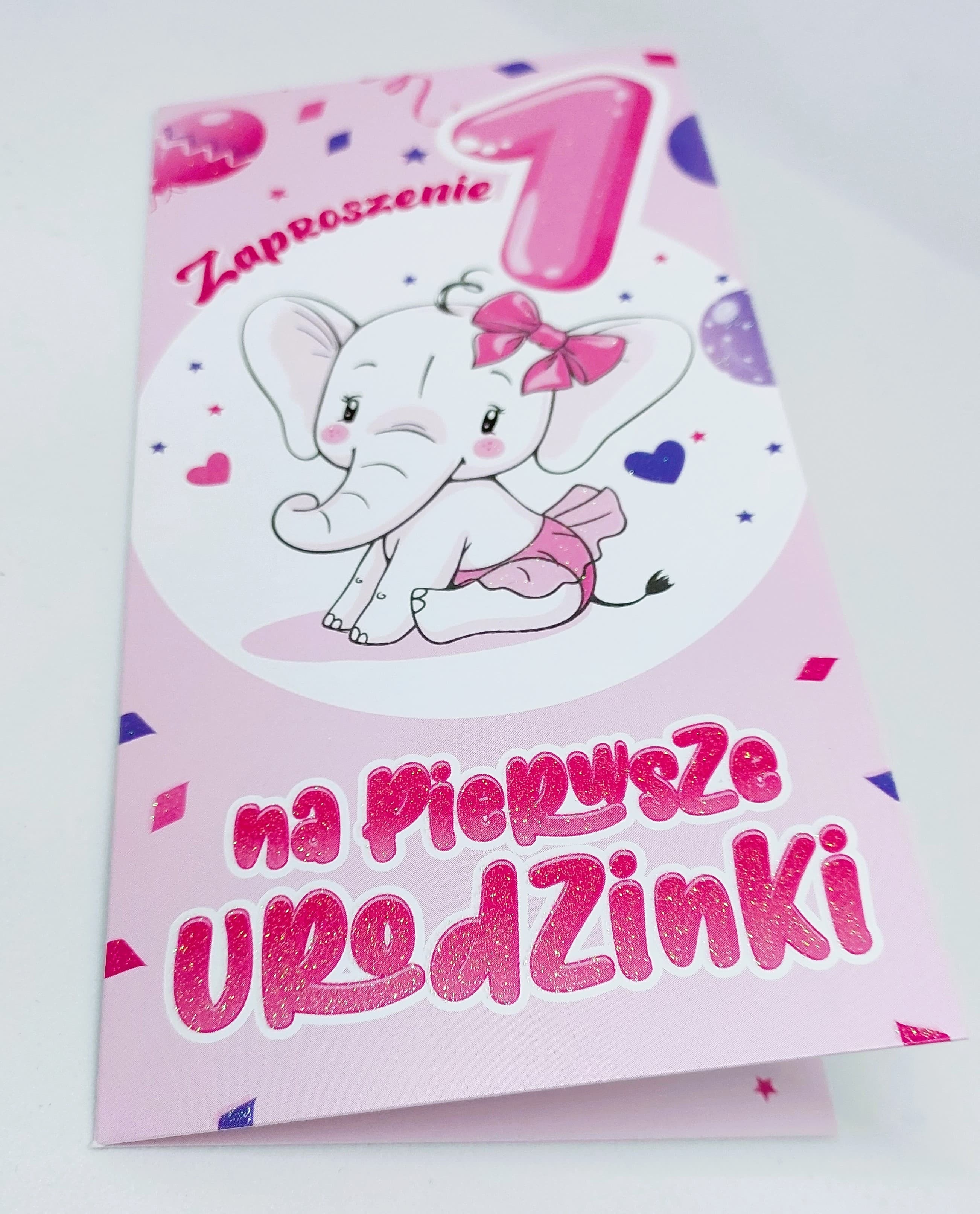 Zaproszenie różowe z brokatem 1 ROCZEK, 1 szt.