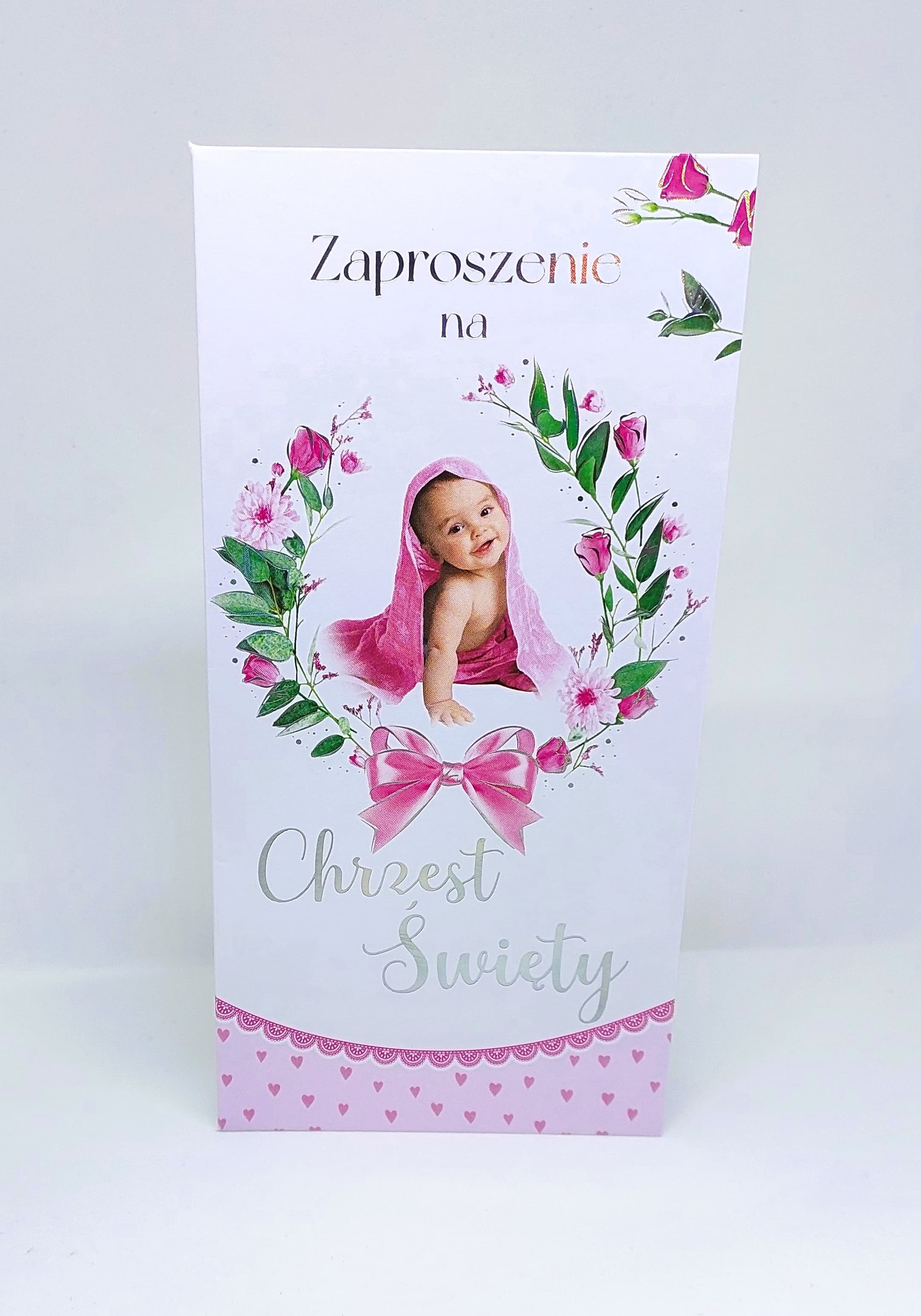 Zaproszenie dziecko, Chrzest Św. różowe 1 szt.