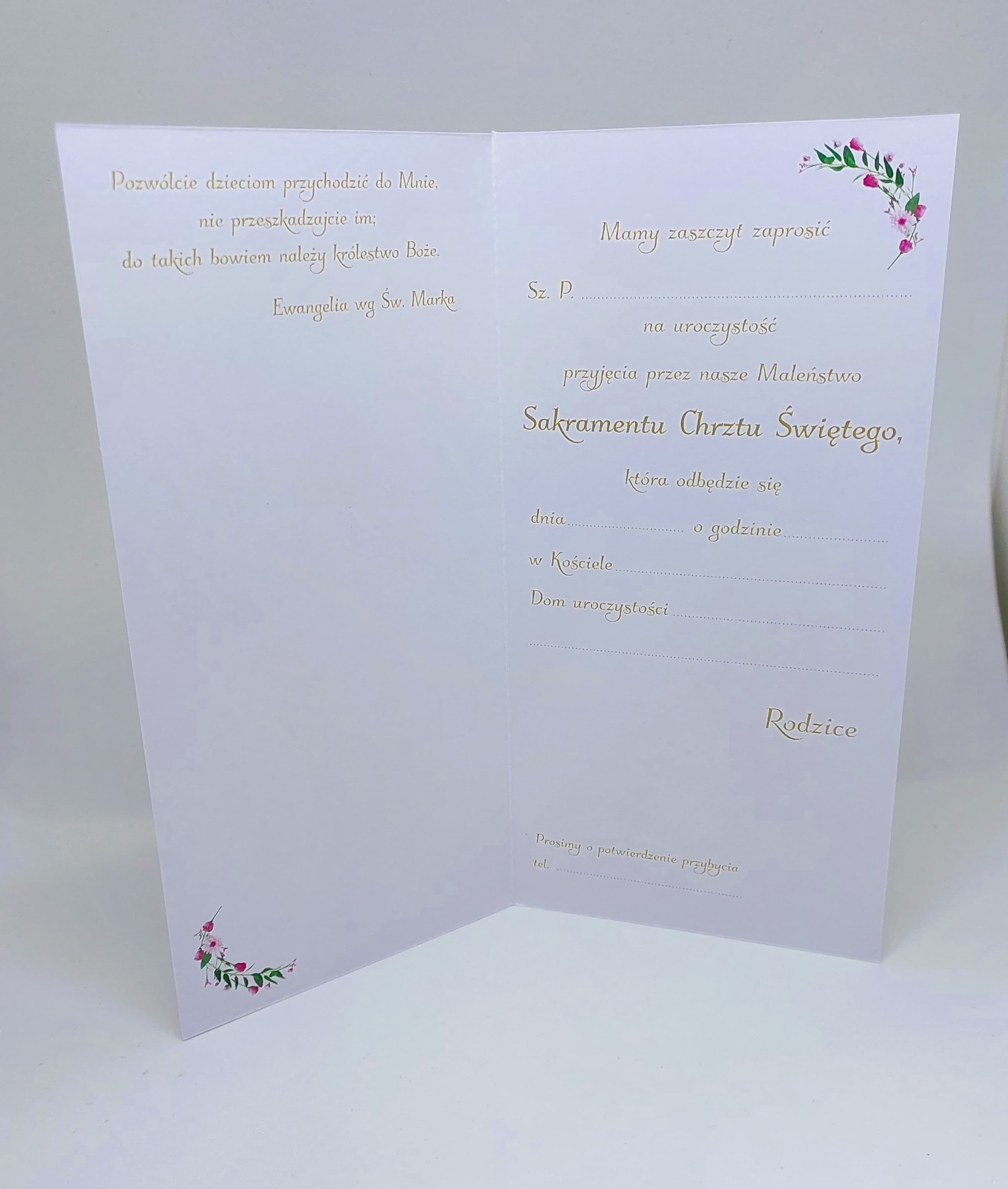 Zaproszenie dziecko, Chrzest Św. różowe 1 szt.