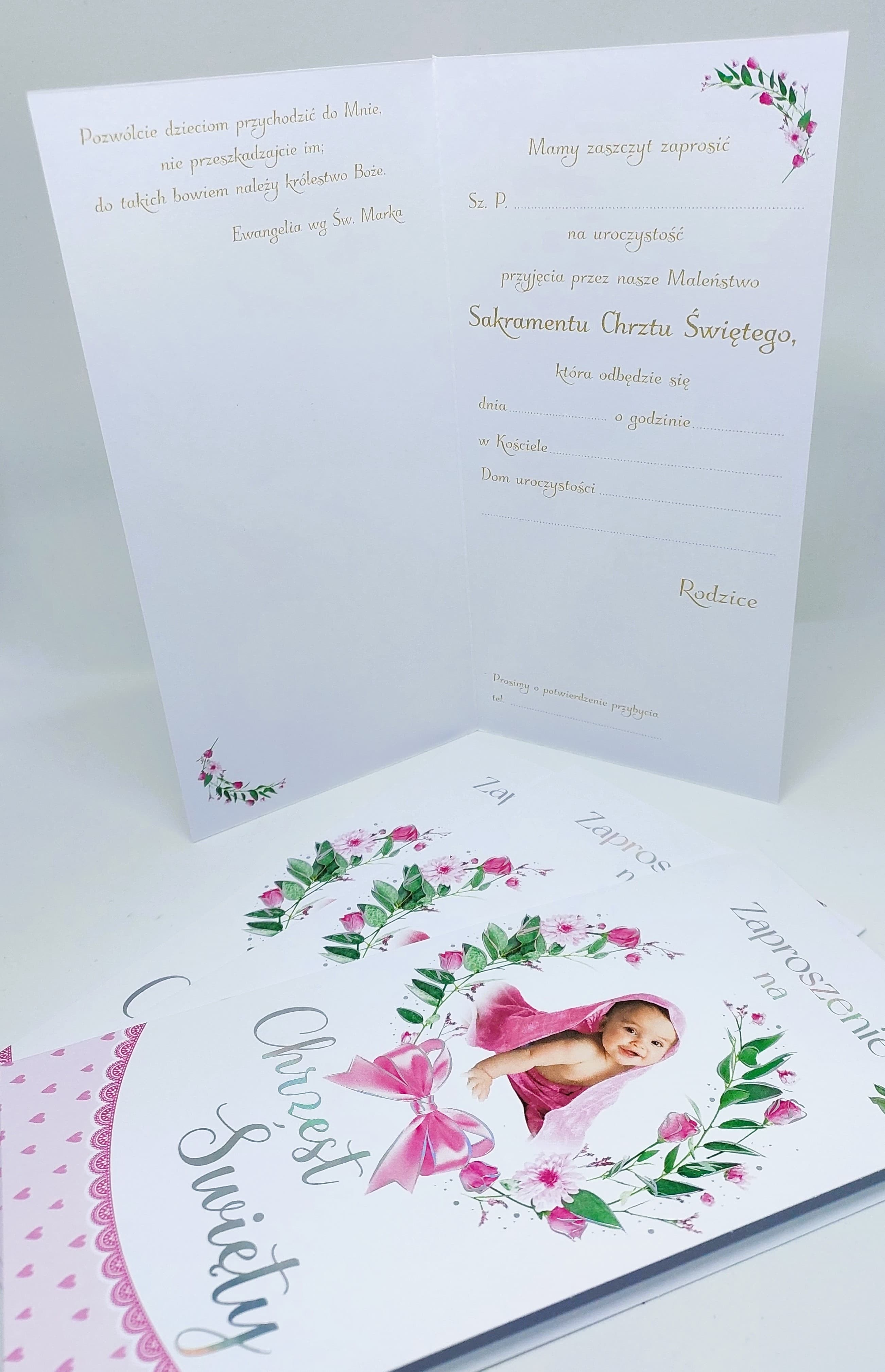 Zaproszenie dziecko, Chrzest Św. różowe 1 szt.