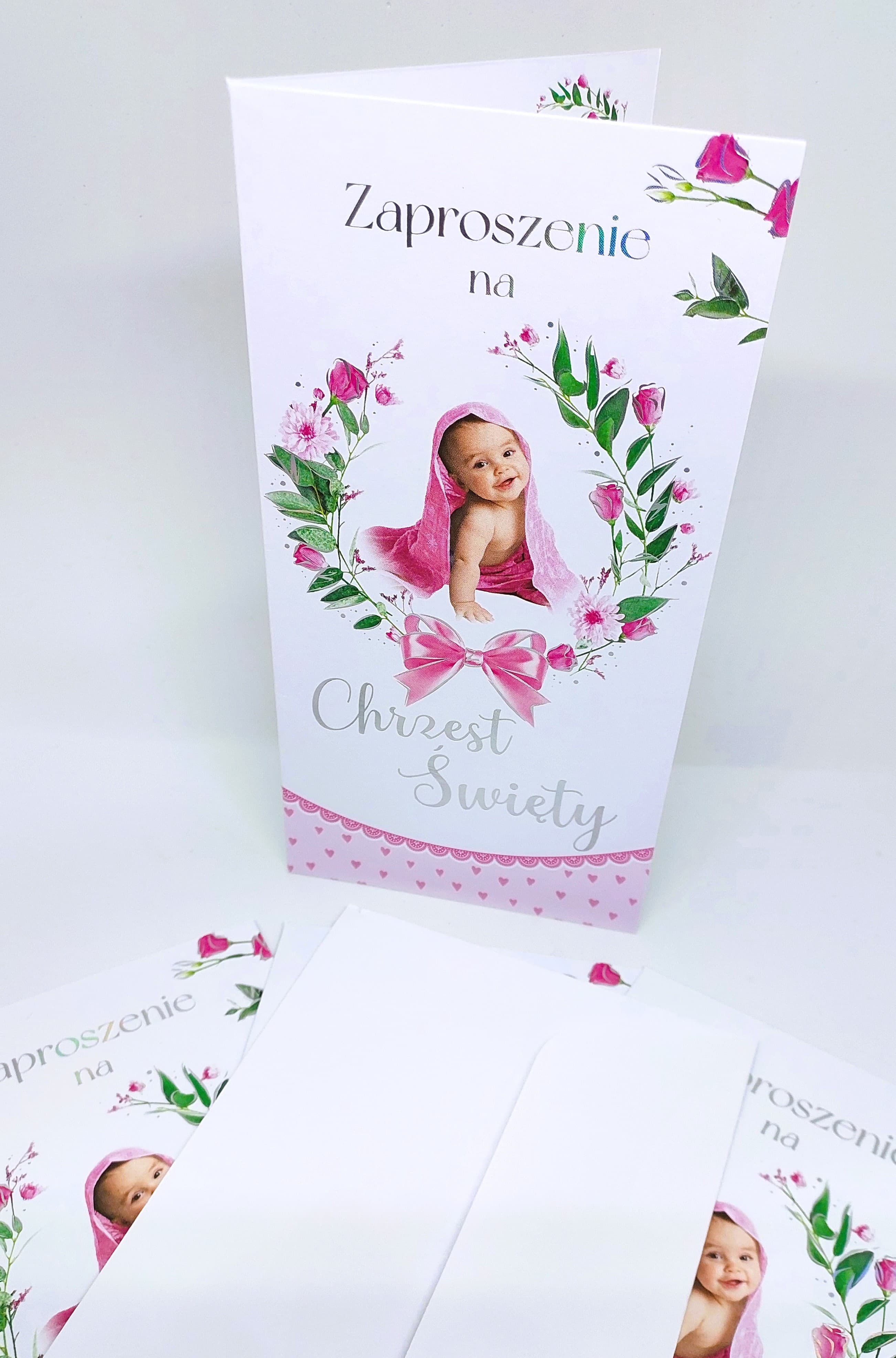 Zaproszenie dziecko, Chrzest Św. różowe 1 szt.
