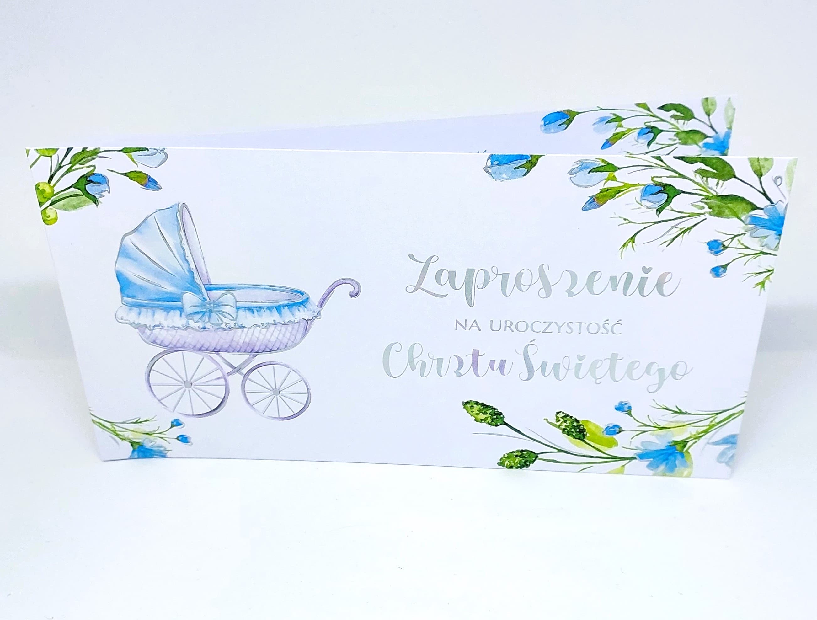 Zaproszenie niebieski wózek, Chrzest Św. 1 szt.