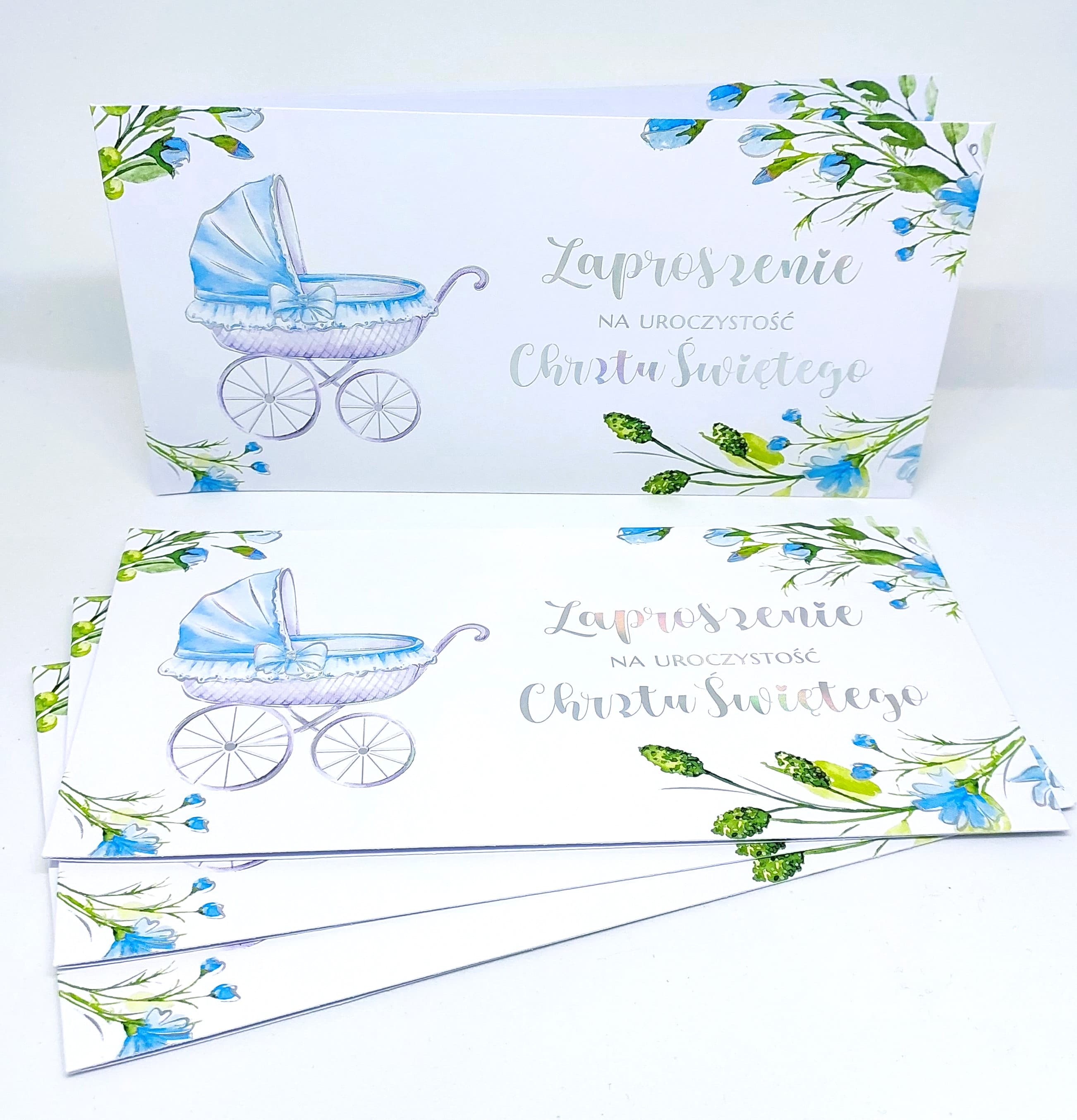 Zaproszenie niebieski wózek, Chrzest Św. 1 szt.