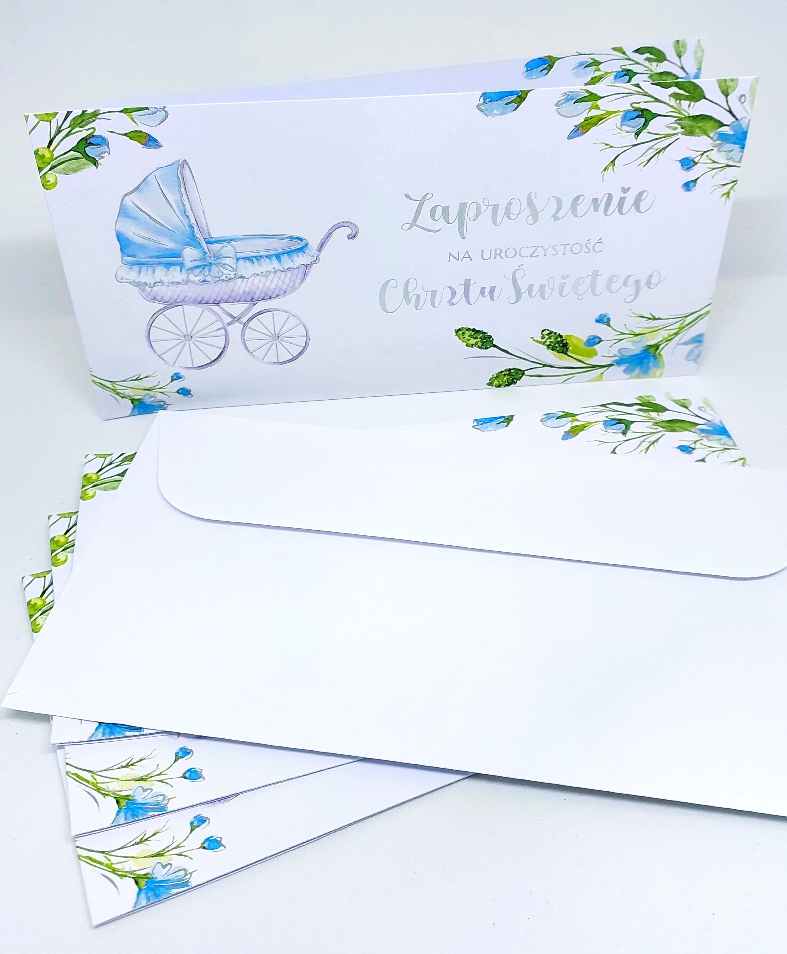 Zaproszenie niebieski wózek, Chrzest Św. 1 szt.