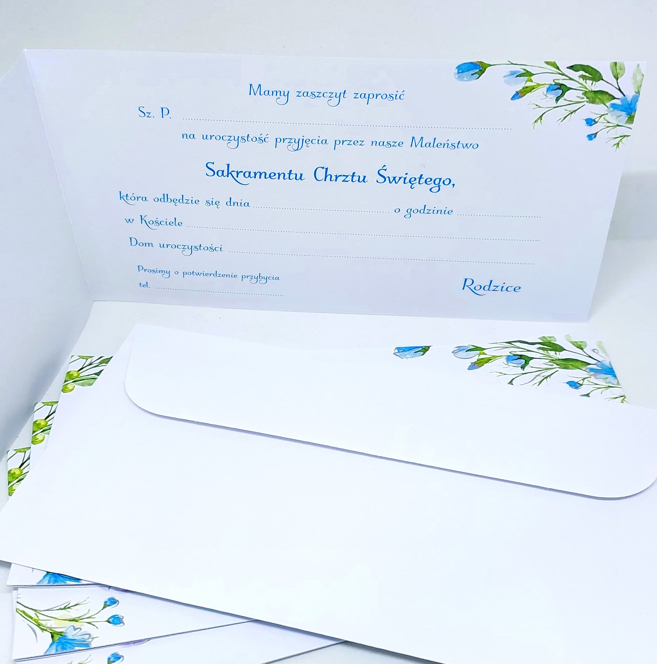 Zaproszenie niebieski wózek, Chrzest Św. 1 szt.