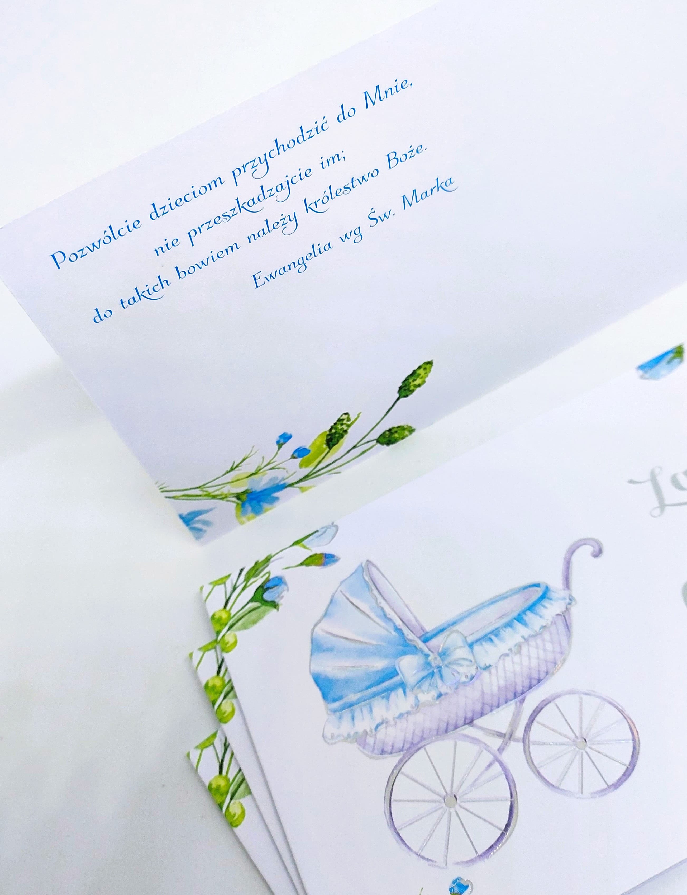 Zaproszenie niebieski wózek, Chrzest Św. 1 szt.