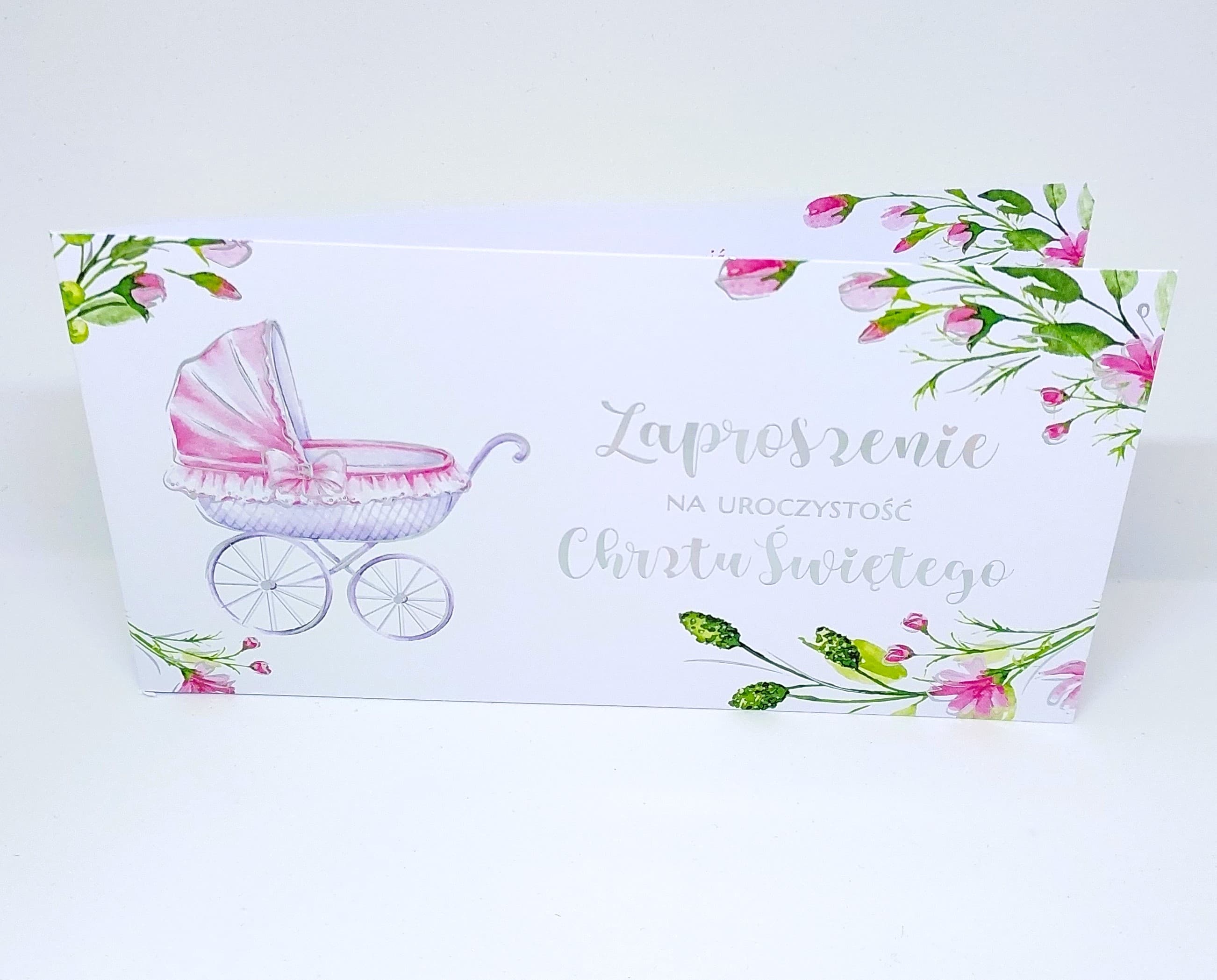 Zaproszenie różowy wózek, Chrzest Św. 1 szt.