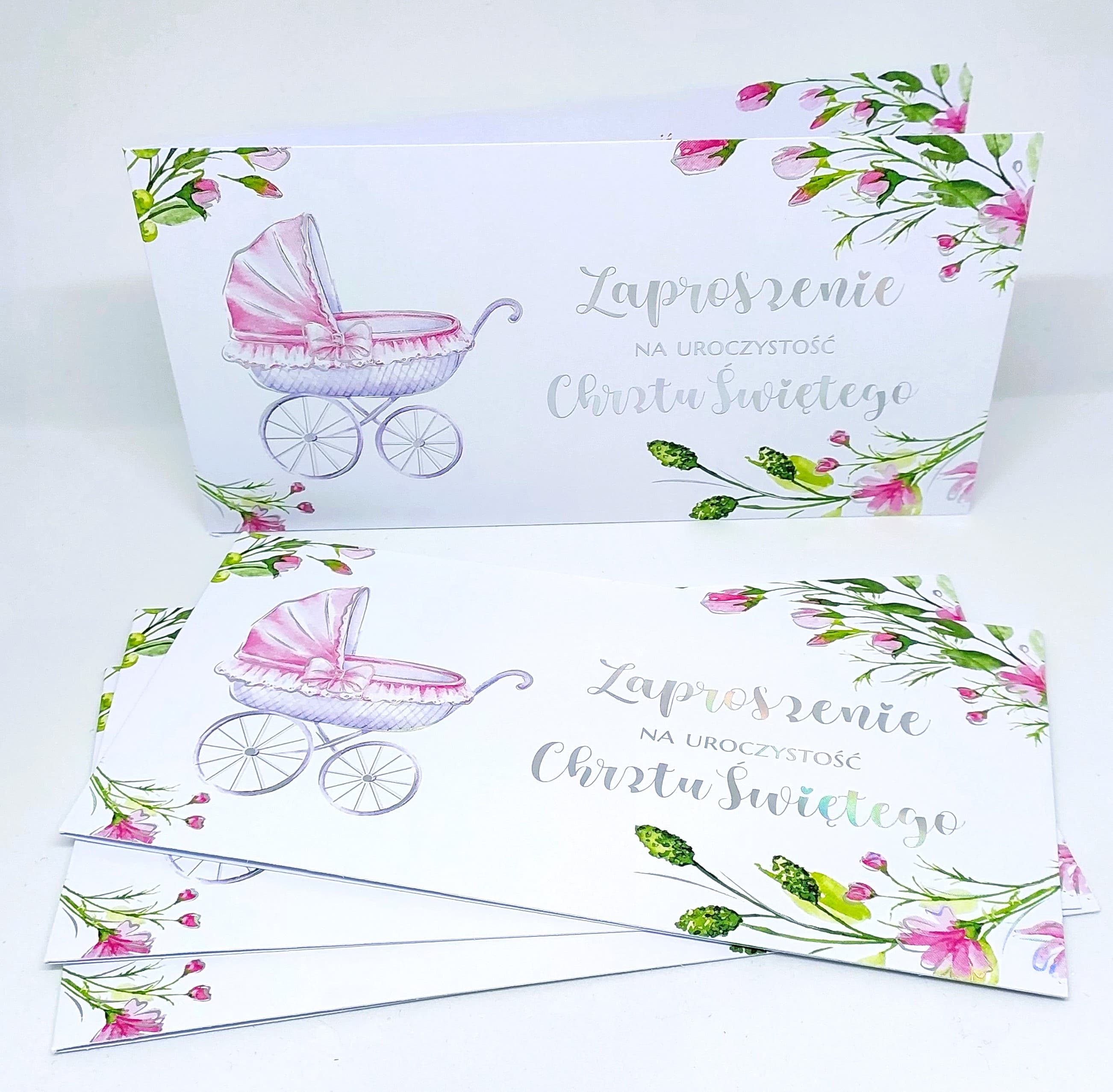 Zaproszenie różowy wózek, Chrzest Św. 1 szt.