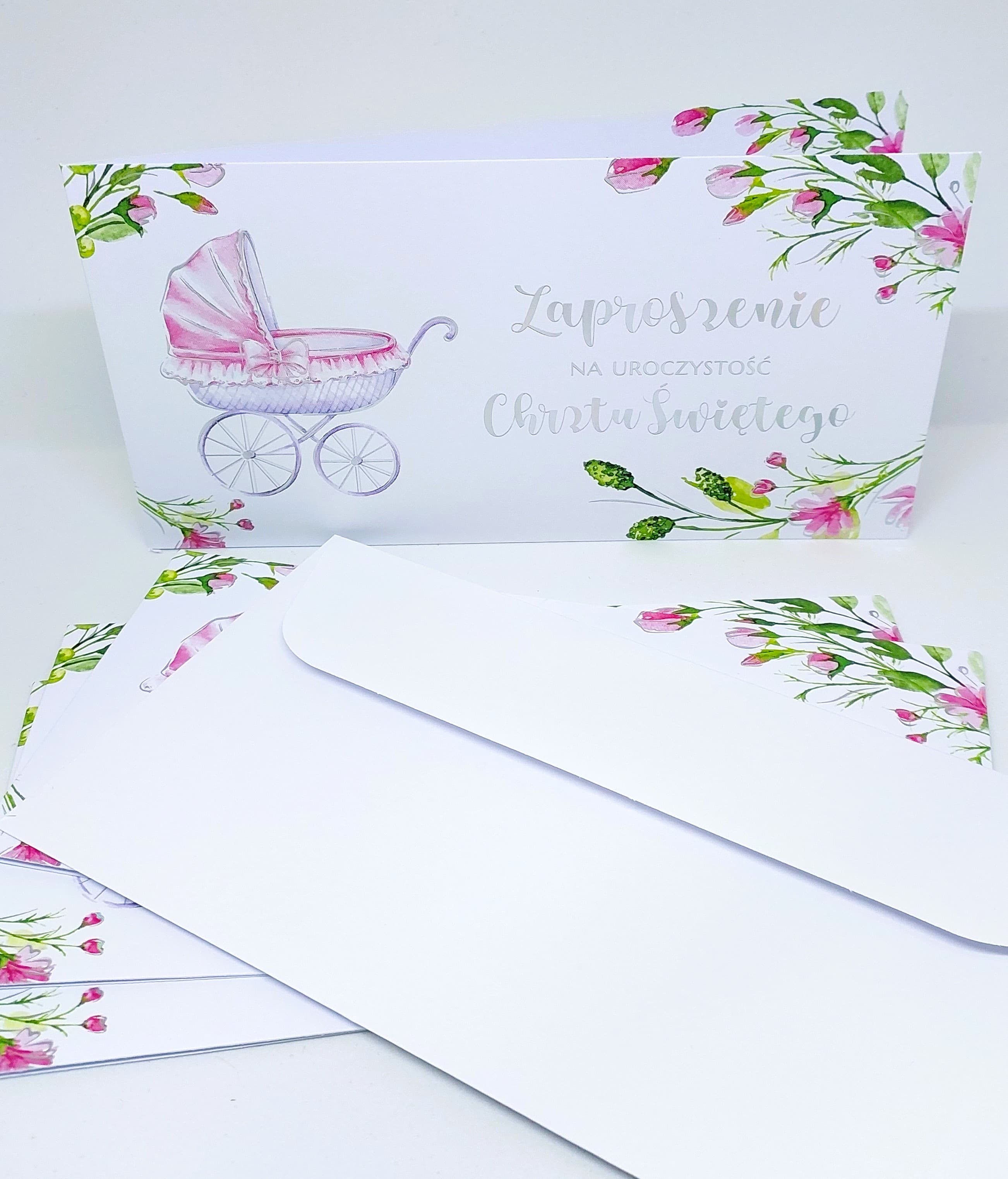 Zaproszenie różowy wózek, Chrzest Św. 1 szt.