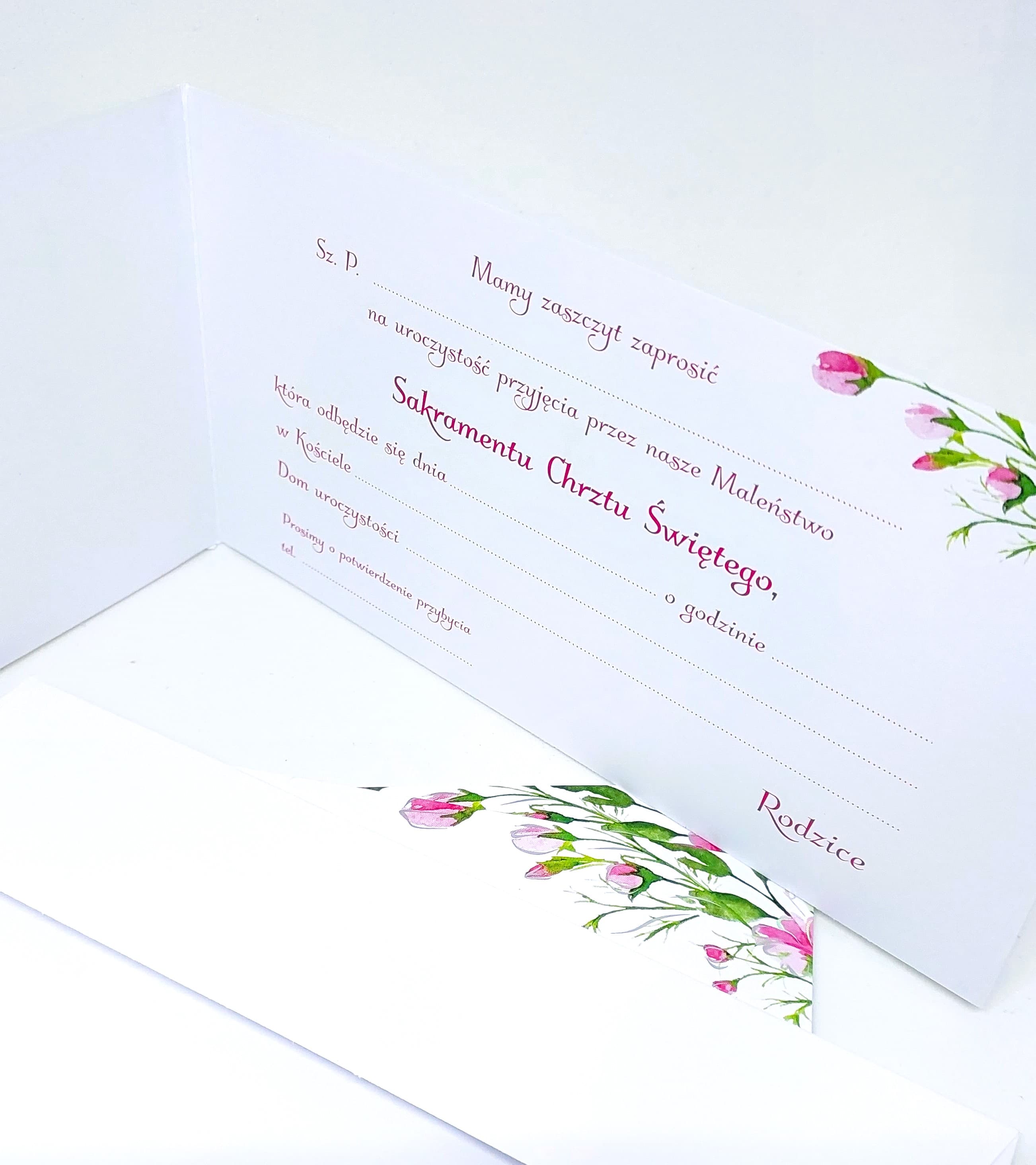 Zaproszenie różowy wózek, Chrzest Św. 1 szt.