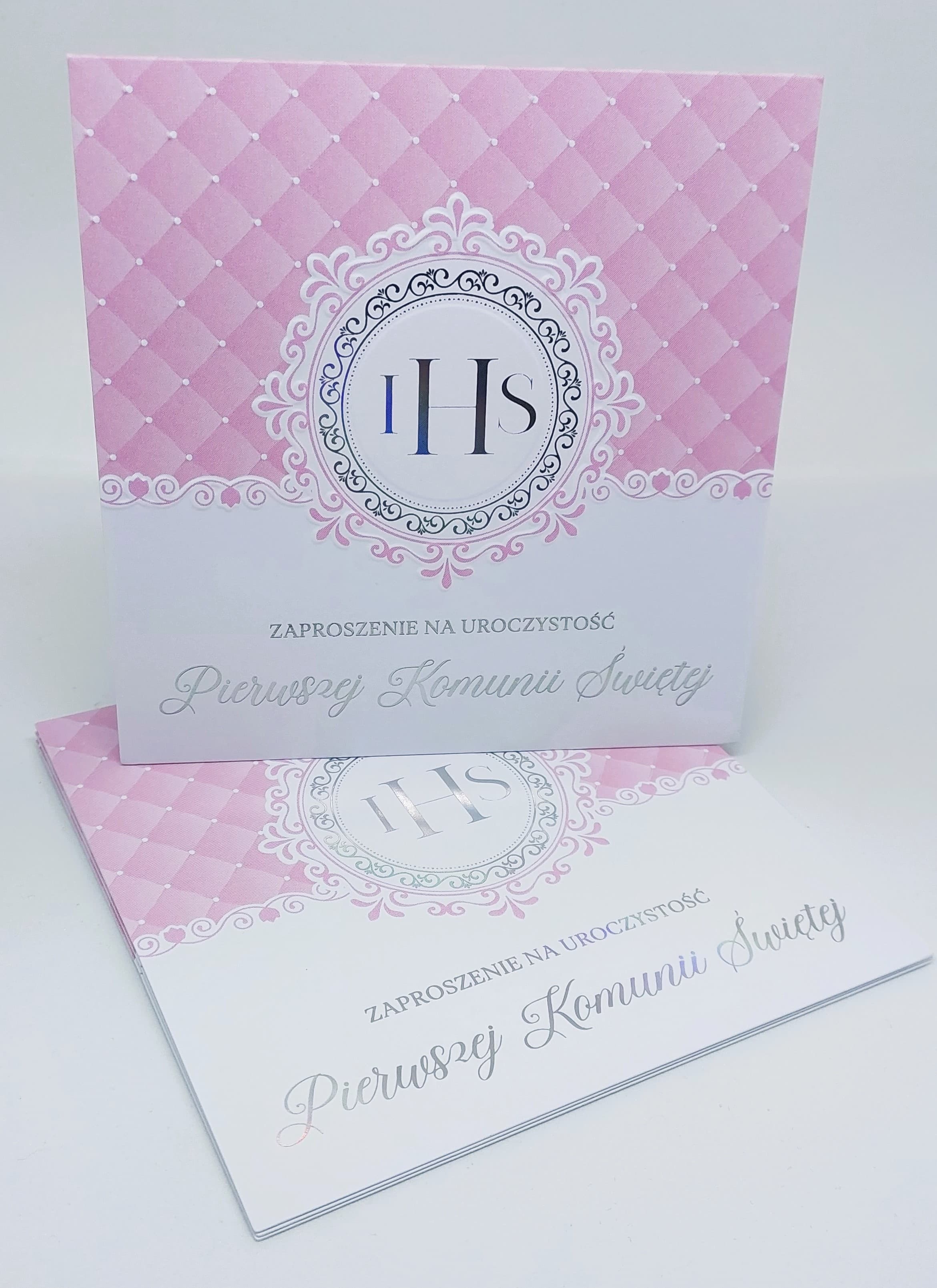Zaproszenie różowe IHS, Komunia Święta, 1szt