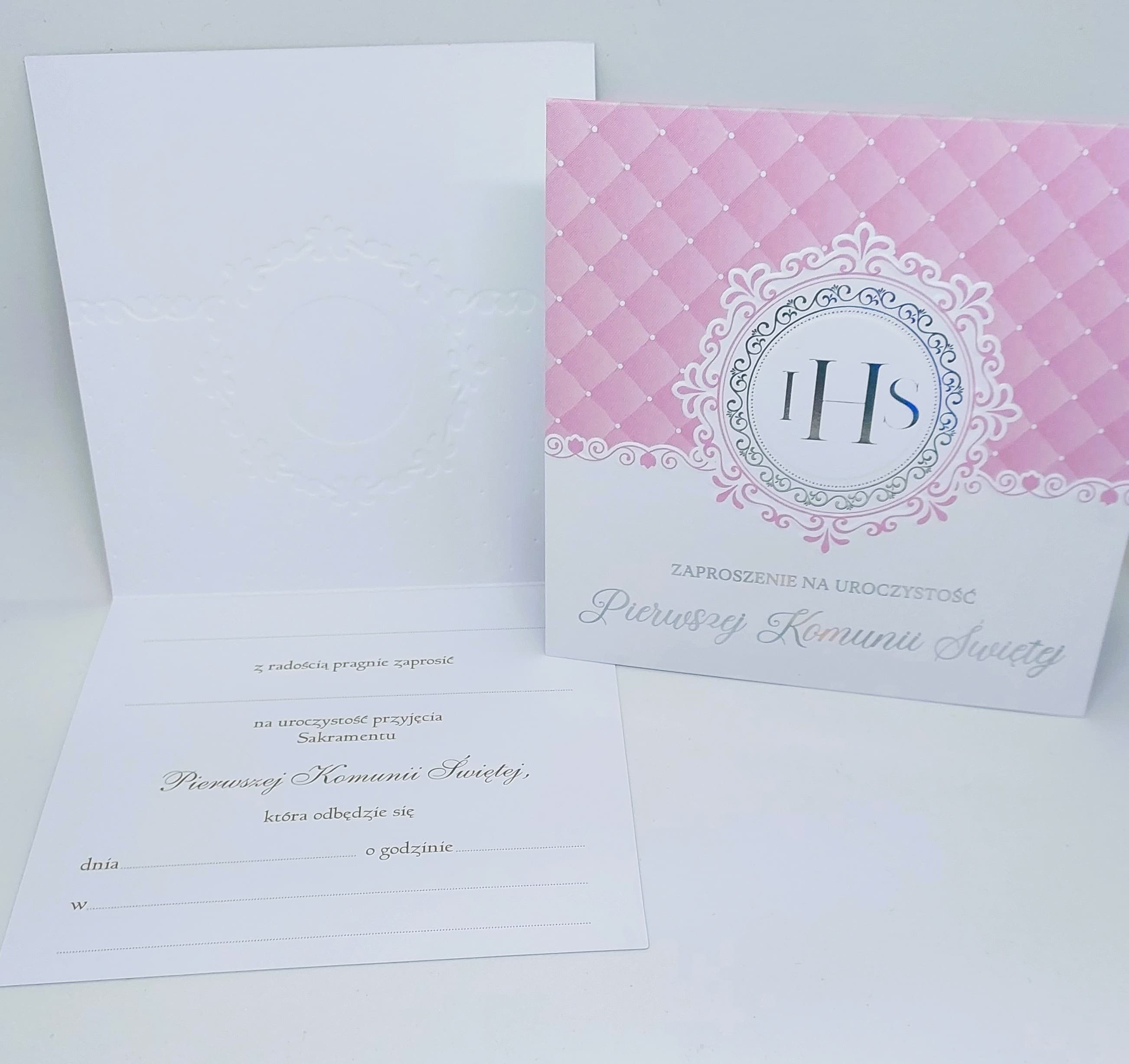Zaproszenie różowe IHS, Komunia Święta, 1szt