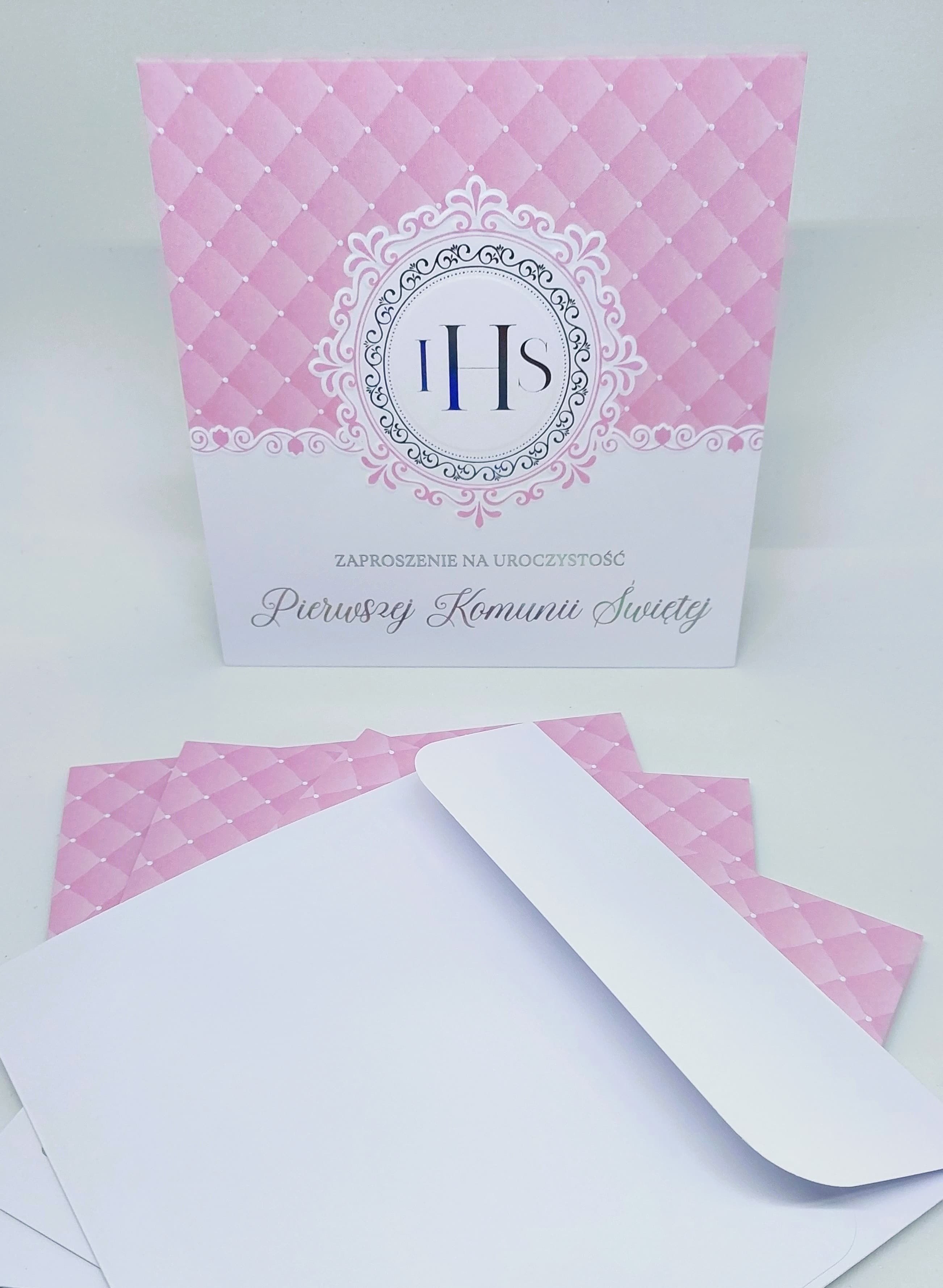 Zaproszenie różowe IHS, Komunia Święta, 1szt