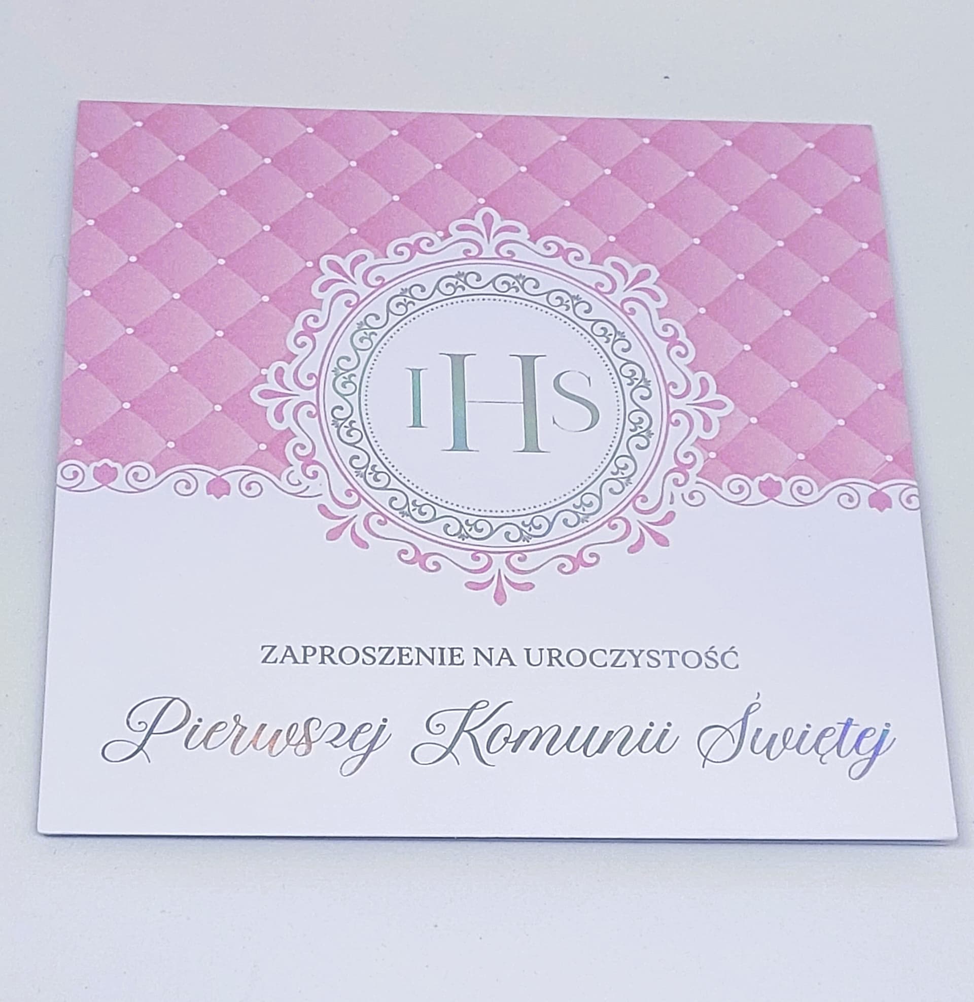 Zaproszenie różowe IHS, Komunia Święta, 1szt
