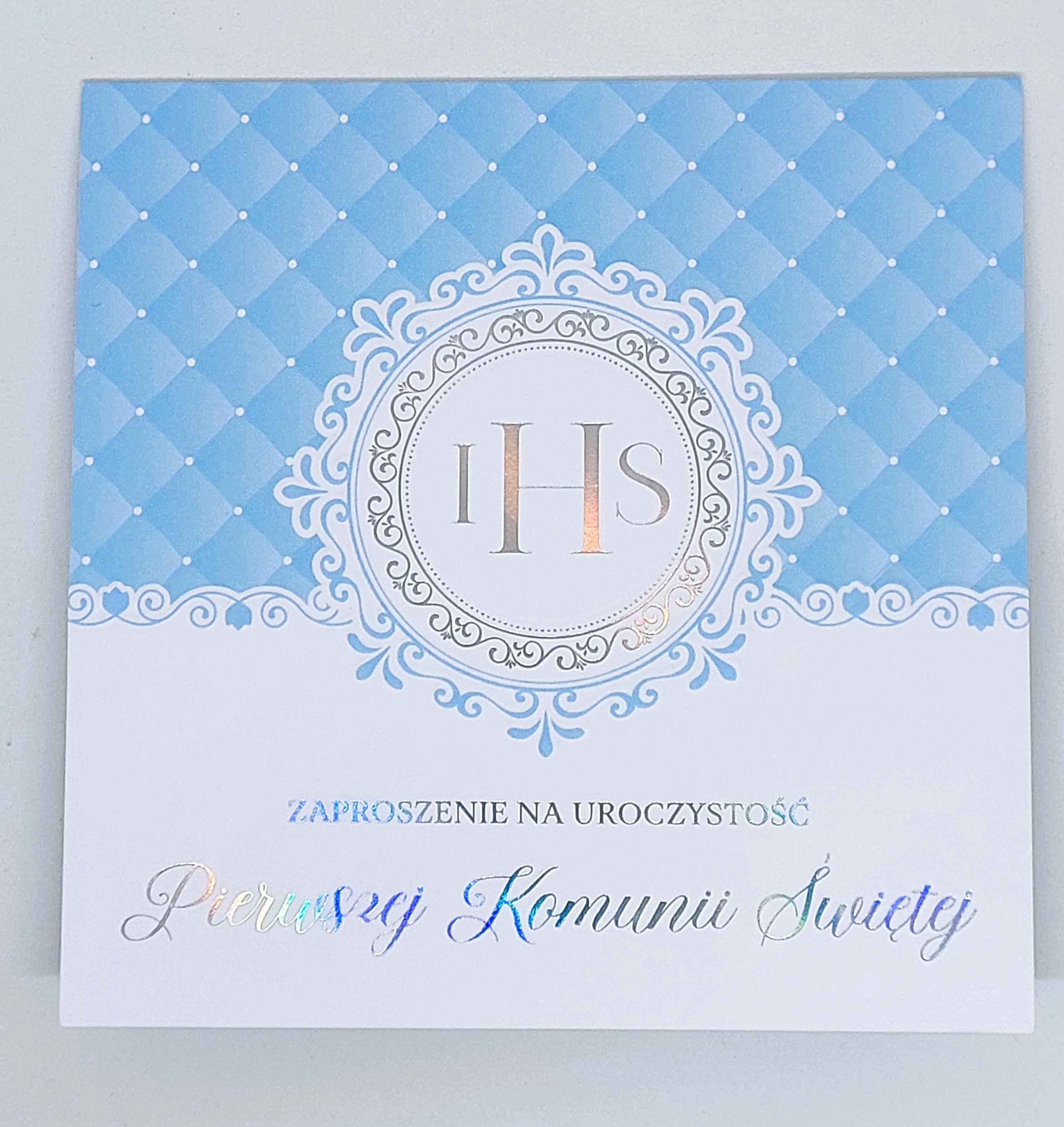 Zaproszenie niebieski IHS, Komunia Święta, 1szt,