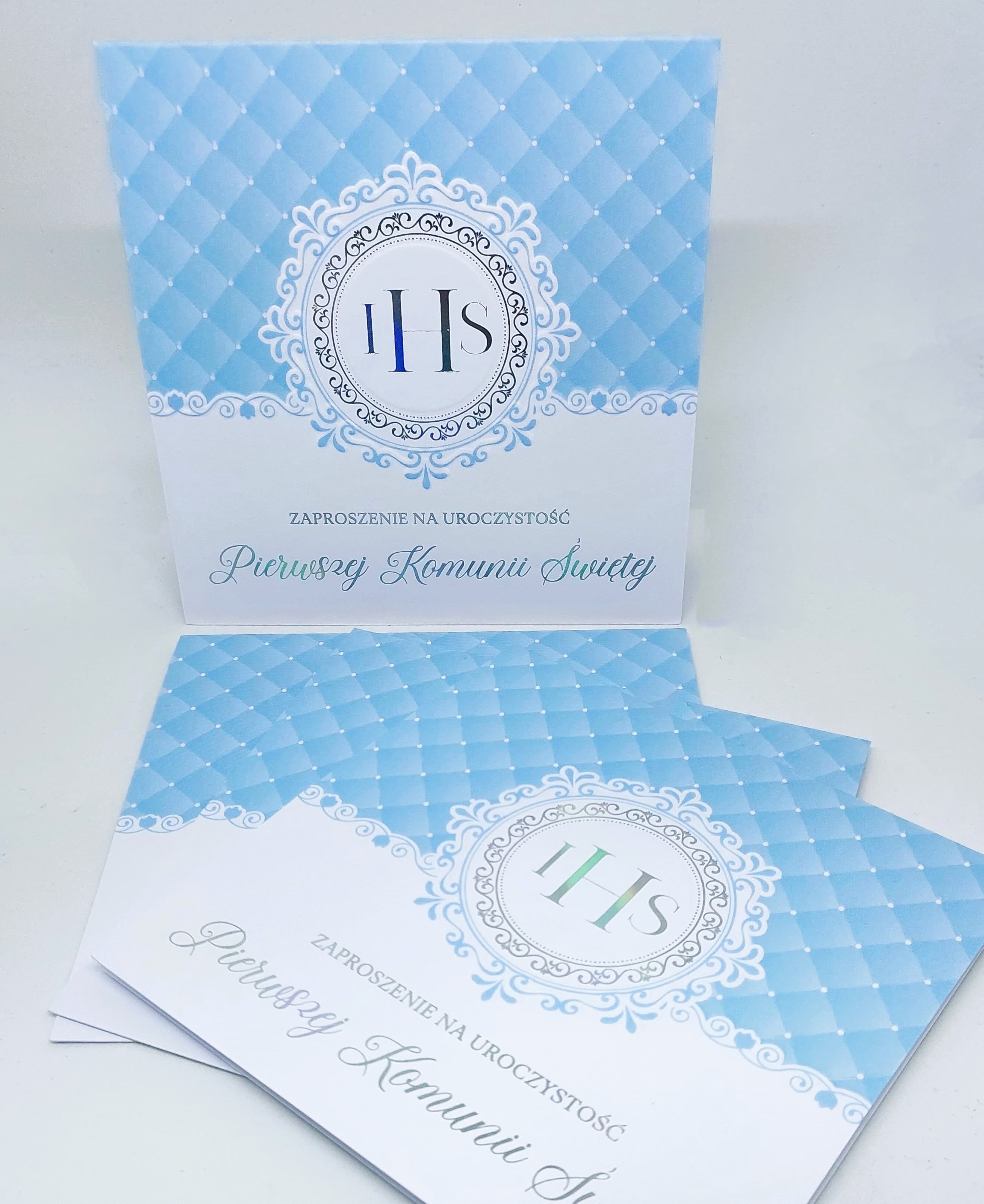 Zaproszenie niebieski IHS, Komunia Święta, 1szt,