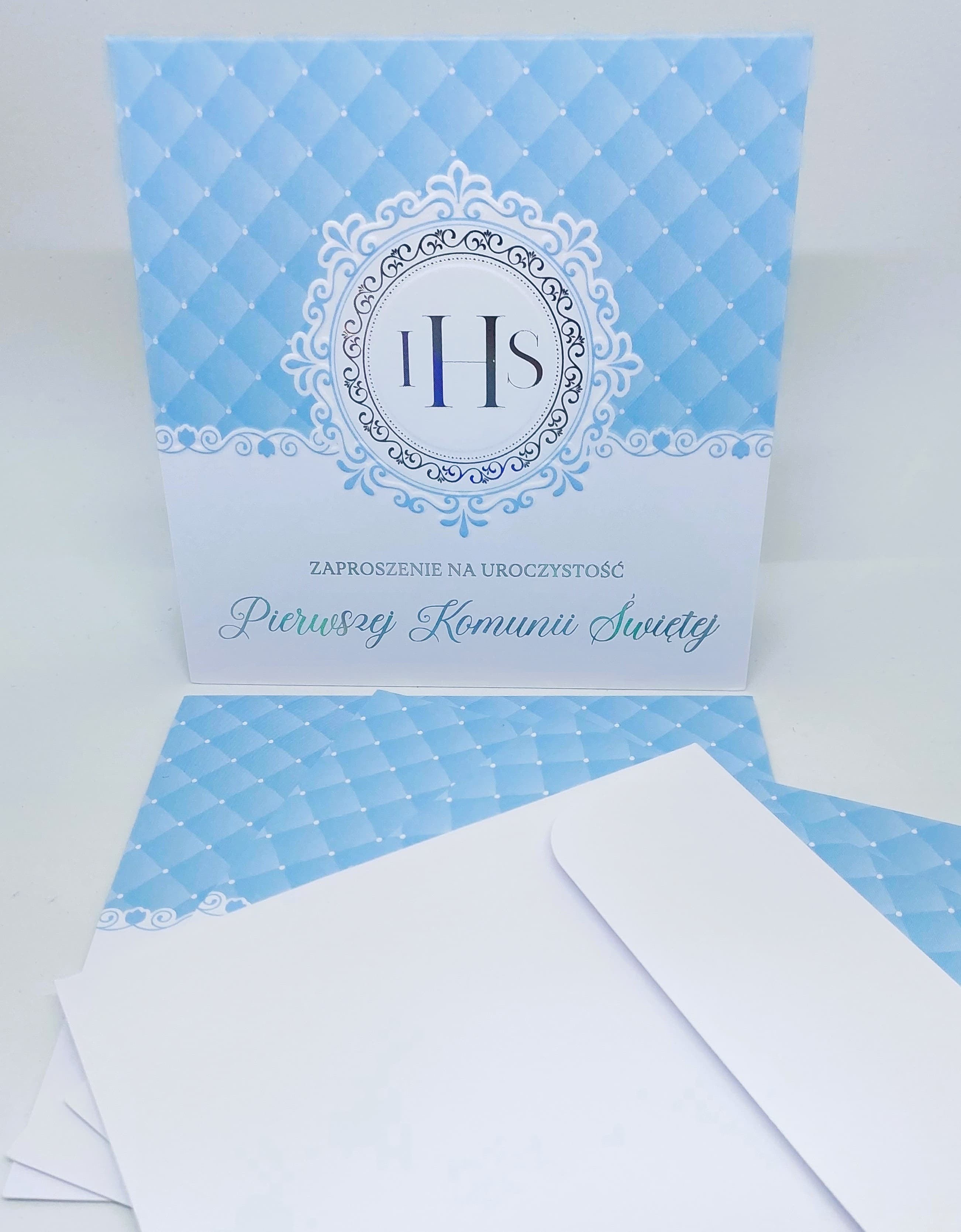 Zaproszenie niebieski IHS, Komunia Święta, 1szt,