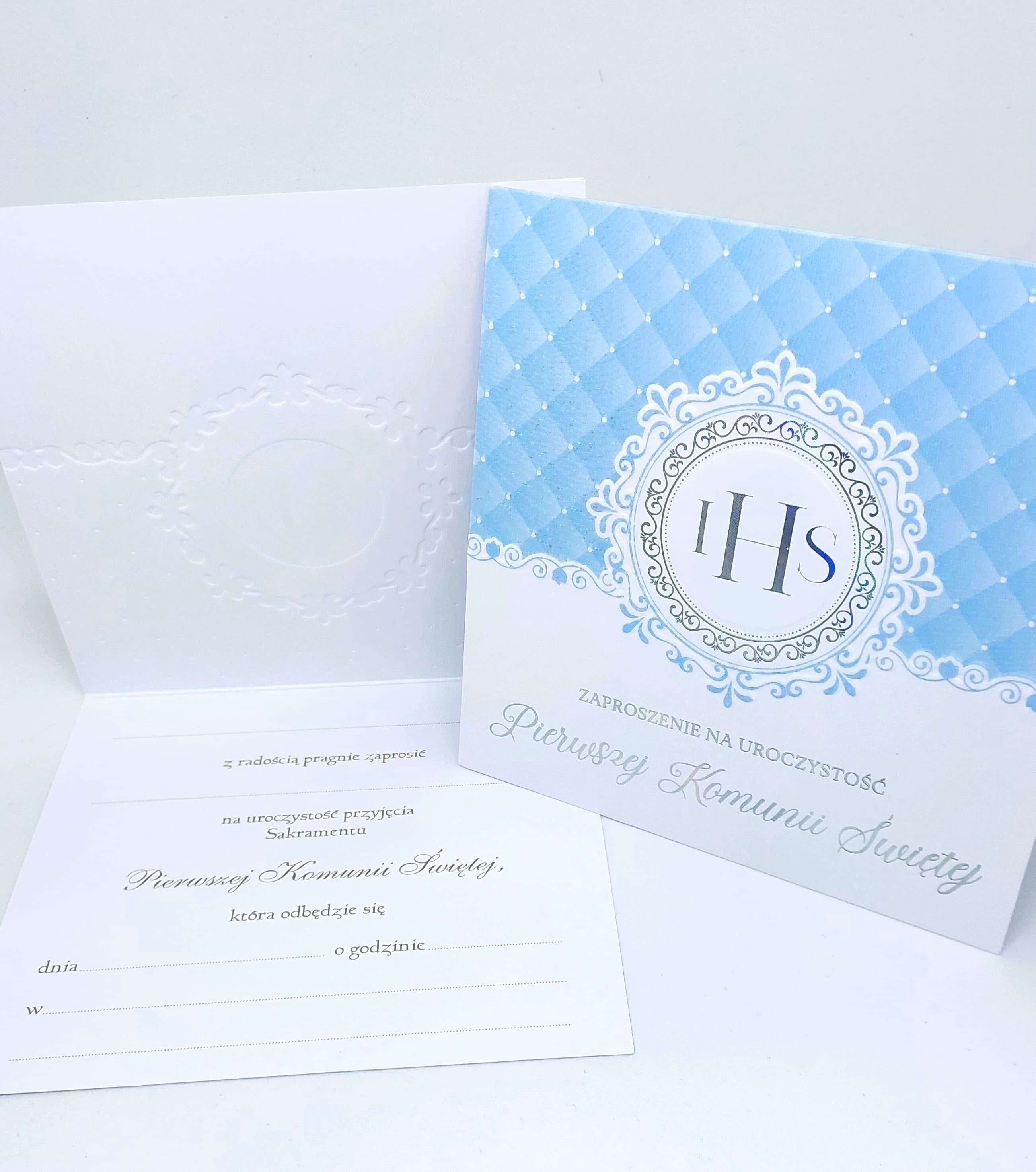 Zaproszenie niebieski IHS, Komunia Święta, 1szt,
