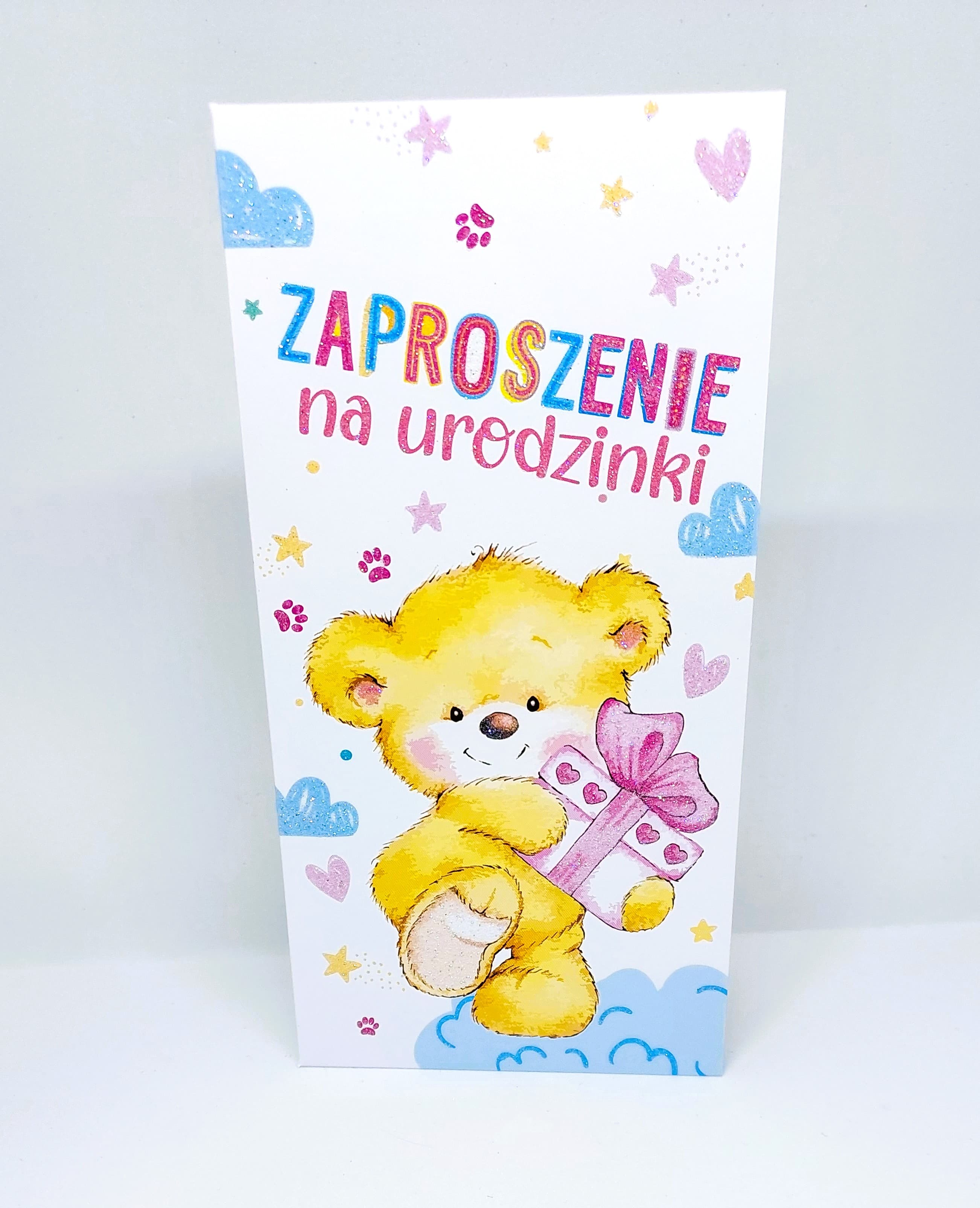 Zaproszenie miś z brokatem na URODZINY, 1 szt.
