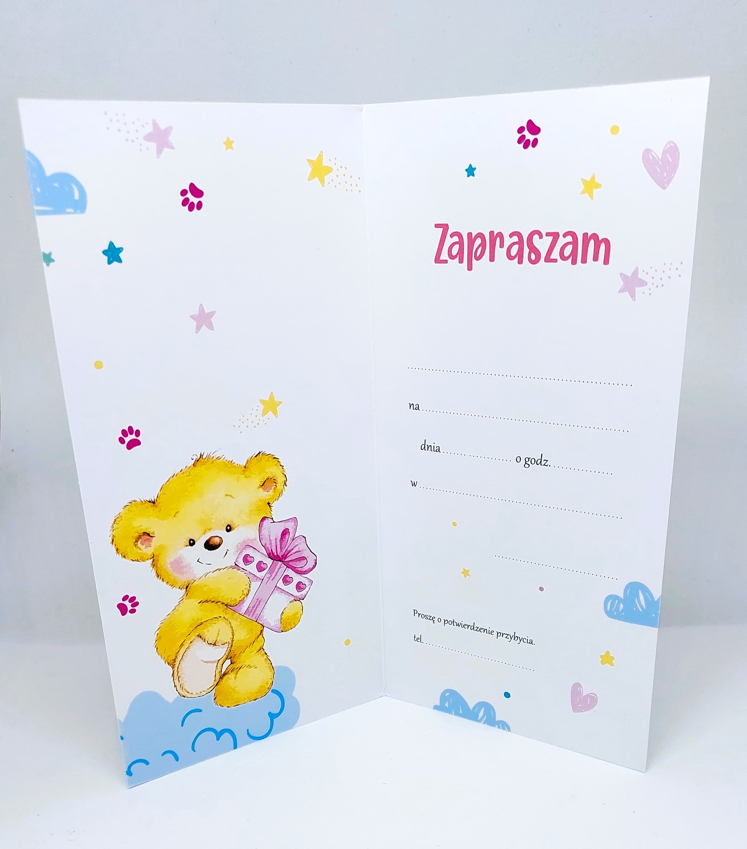 Zaproszenie miś z brokatem na URODZINY, 1 szt.