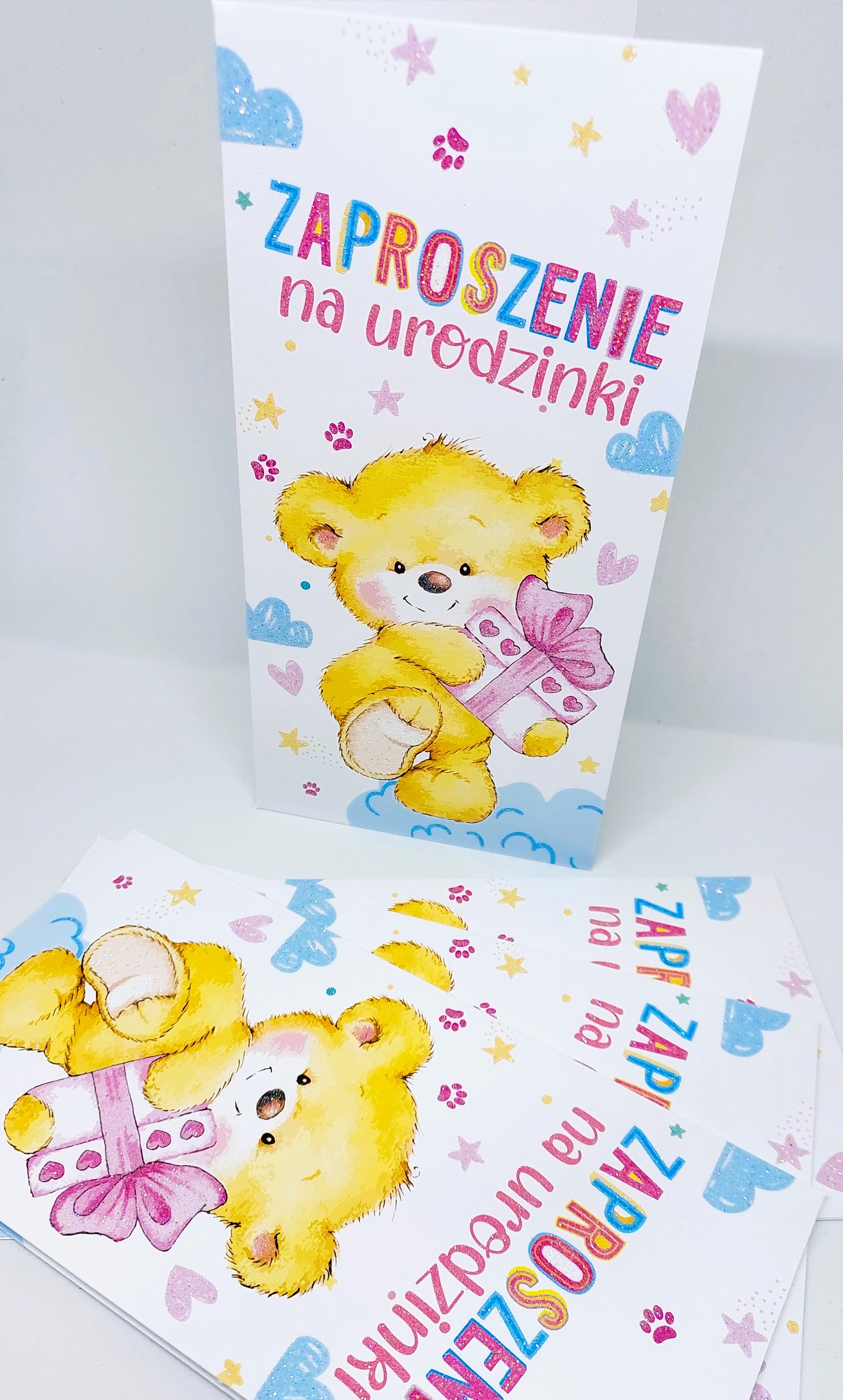 Zaproszenie miś z brokatem na URODZINY, 1 szt.