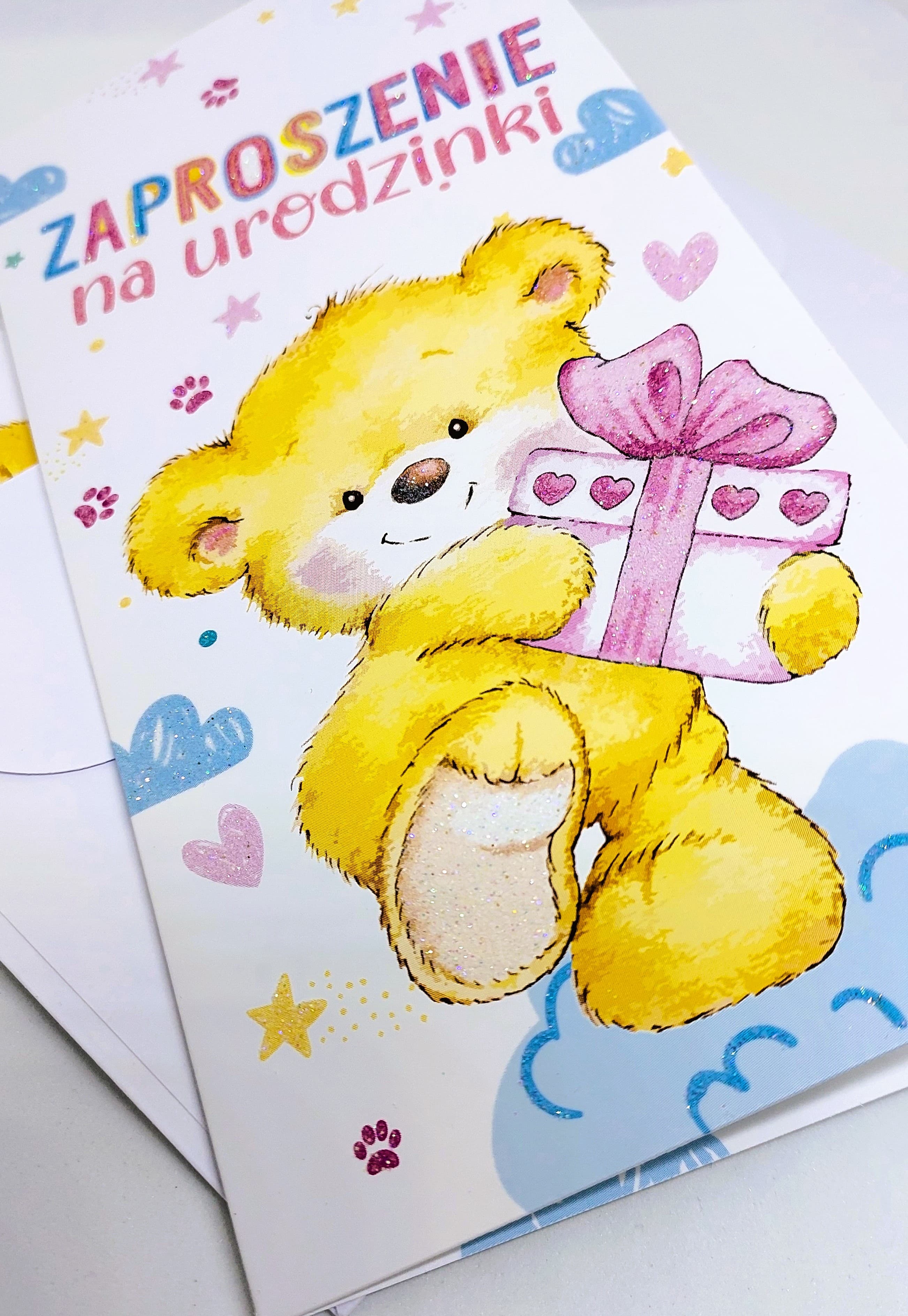 Zaproszenie miś z brokatem na URODZINY, 1 szt.