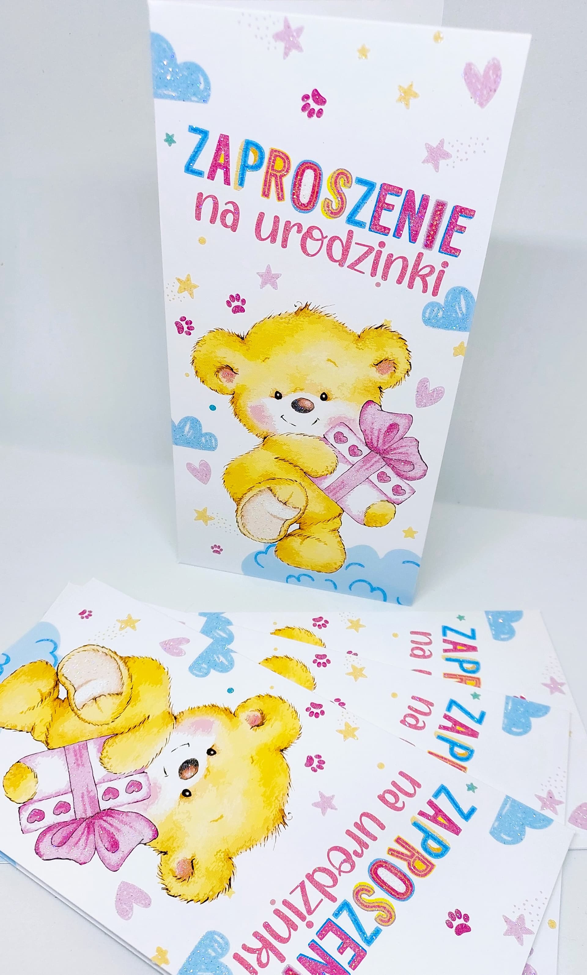 Zaproszenie miś z brokatem na URODZINY, 1 szt.