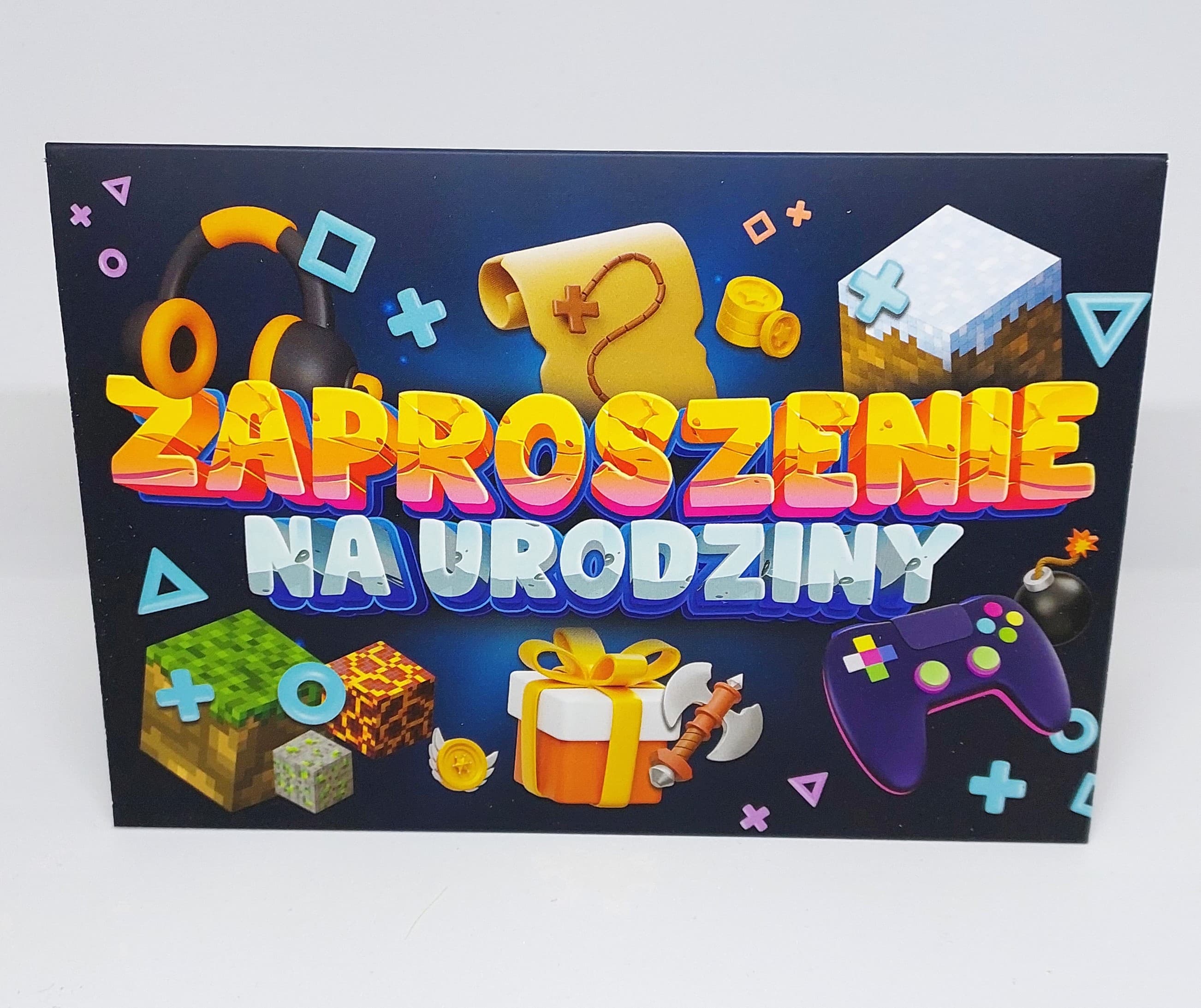 Zaproszenie granatowe w gry na URODZINY, 1 szt.