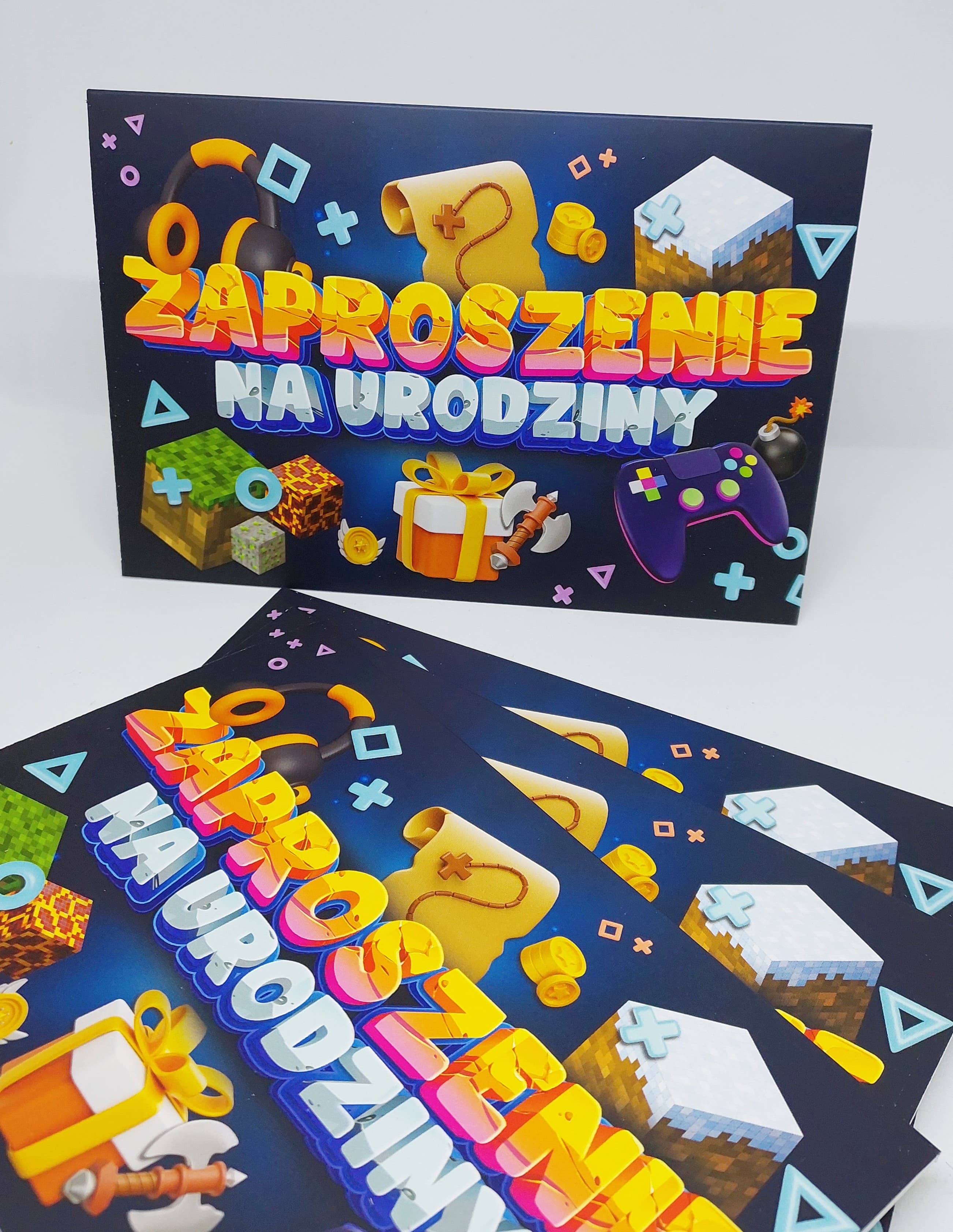Zaproszenie granatowe w gry na URODZINY, 1 szt.