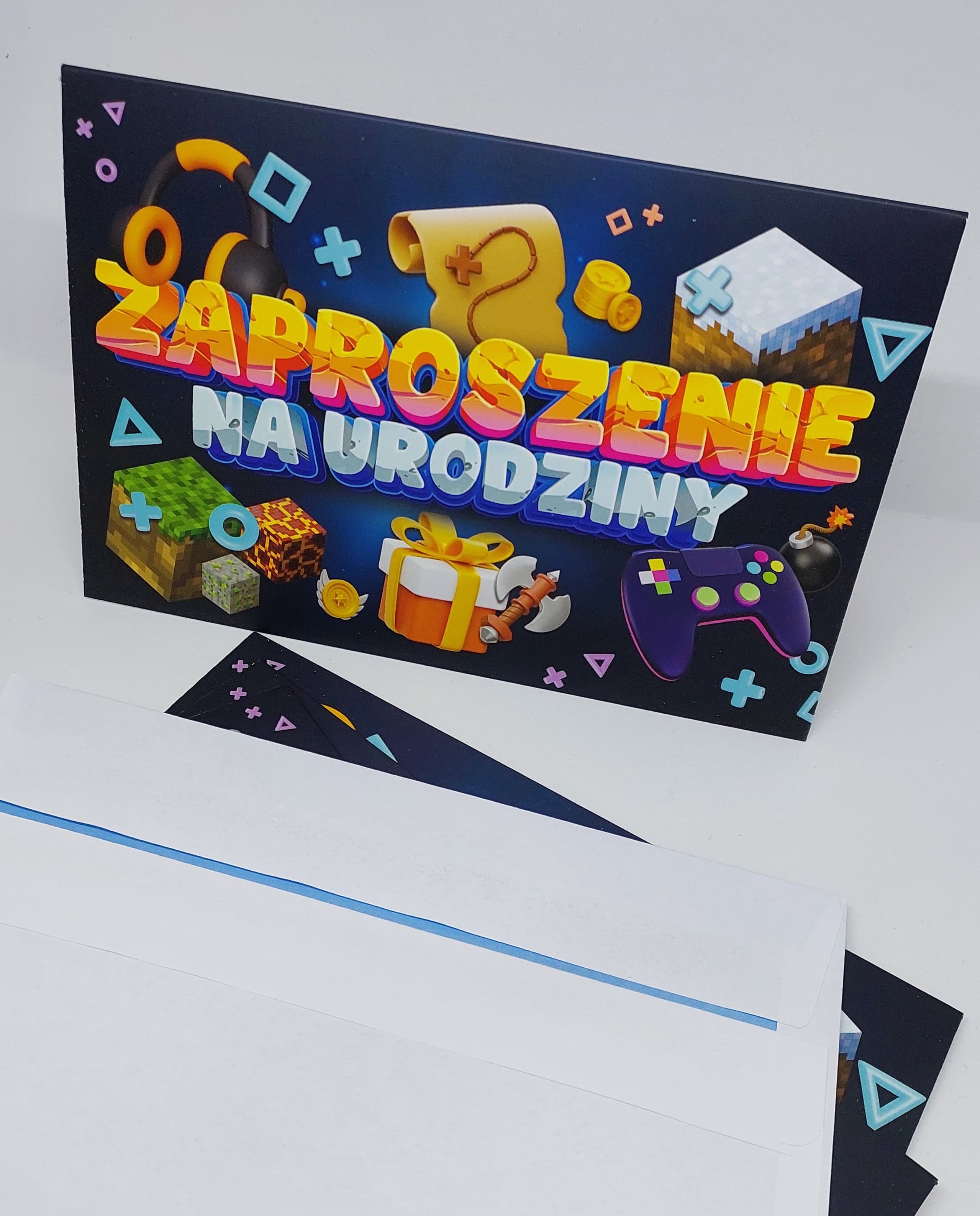 Zaproszenie granatowe w gry na URODZINY, 1 szt.