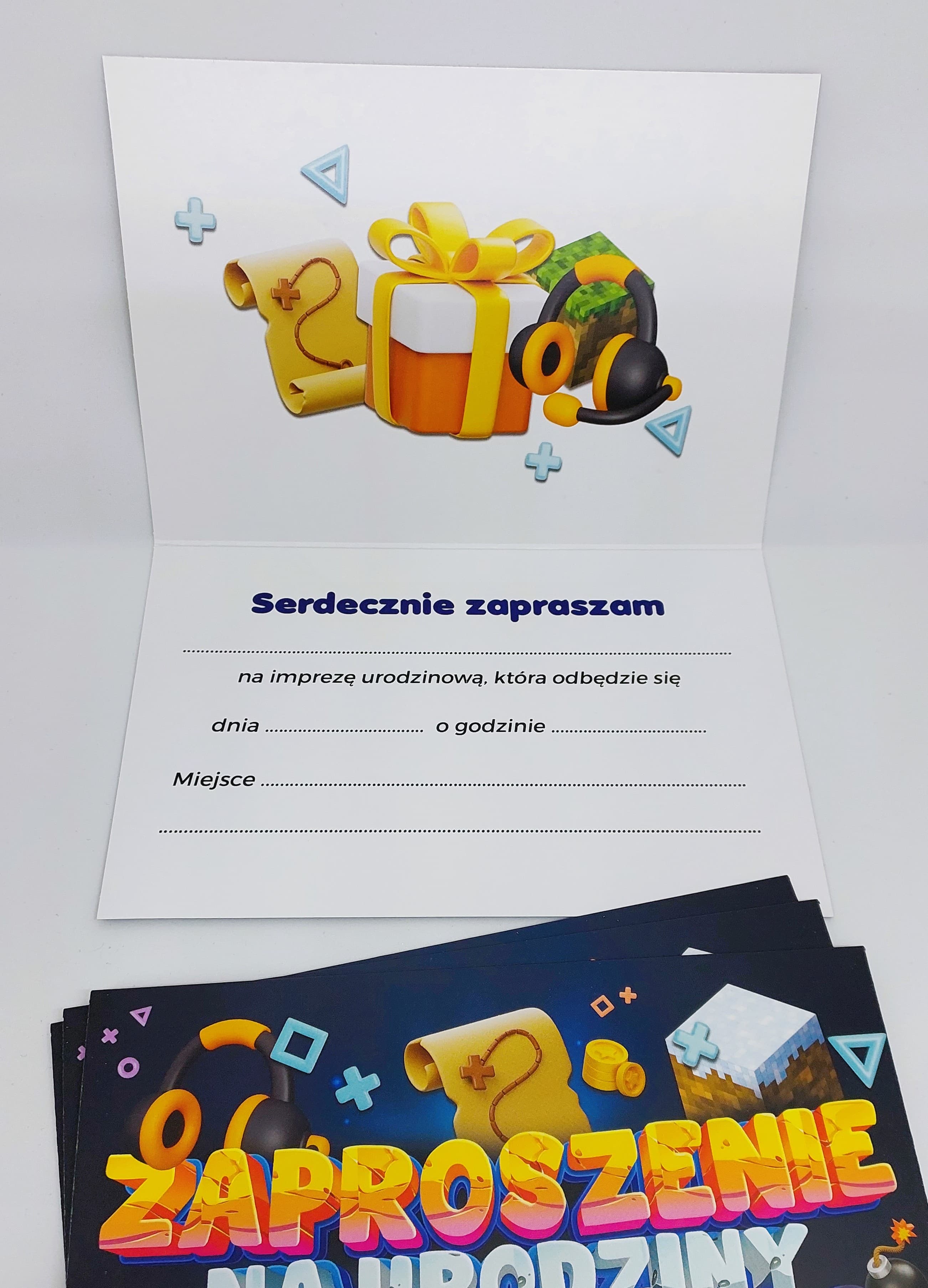 Zaproszenie granatowe w gry na URODZINY, 1 szt.