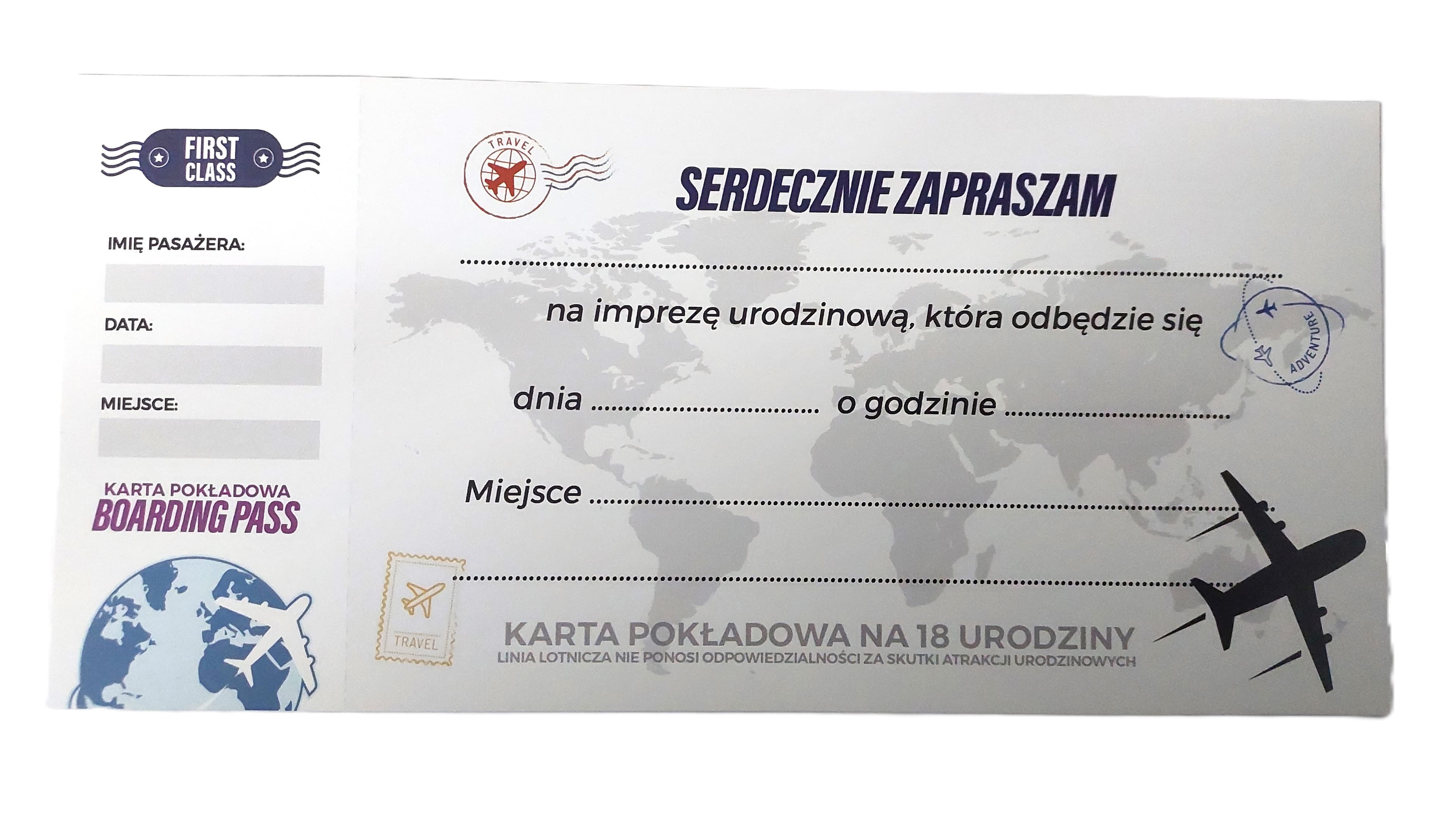 Zaproszenie BILET LOTNICZY na 18 URODZINY, 1 szt.