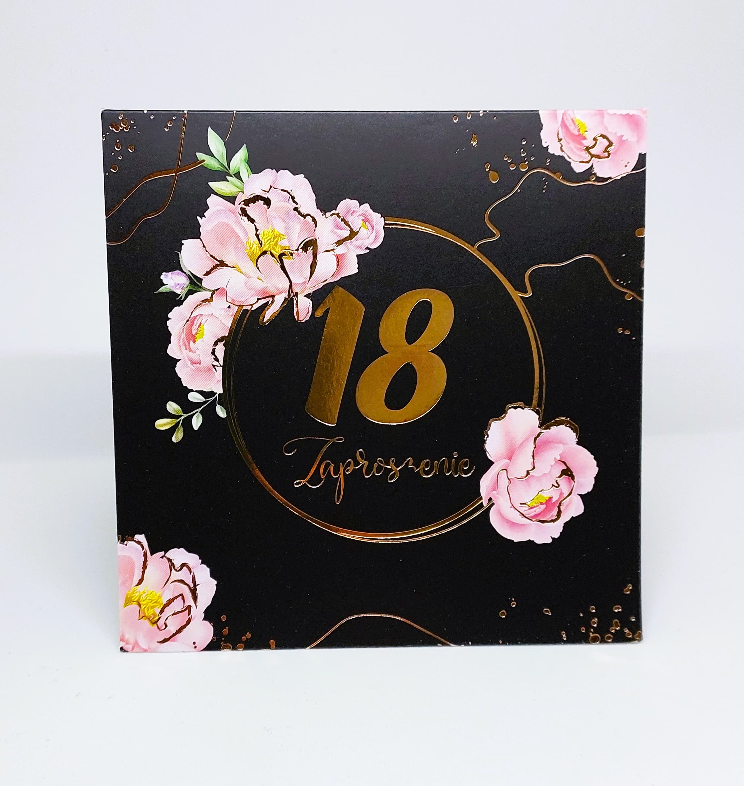 Zaproszenie czarne w kwiaty na 18 URODZINY, 1 szt.