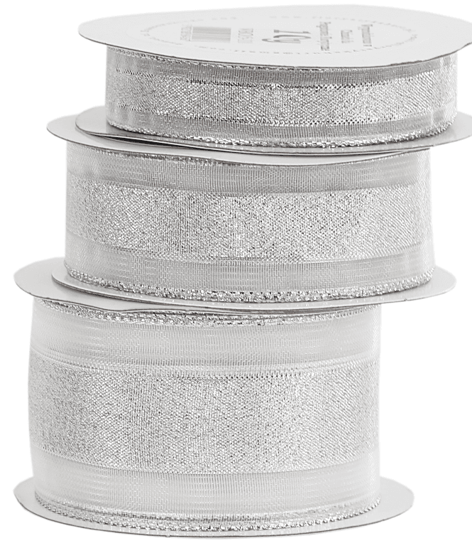 Wstążka brokatowa/pasy szyfon, 25mm/9,1mb, srebrna