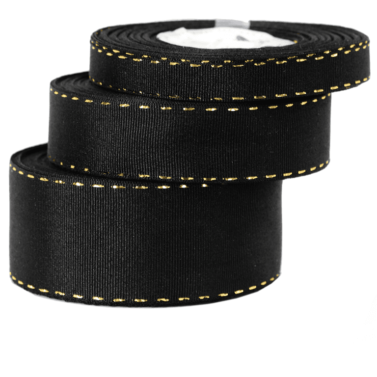 Wstążka rypsowa w złote prążki, 12mm/18mb, czarna