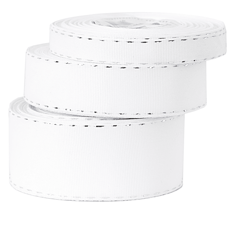 Wstążka rypsowa w srebrne prążki, 25mm/18mb, biała