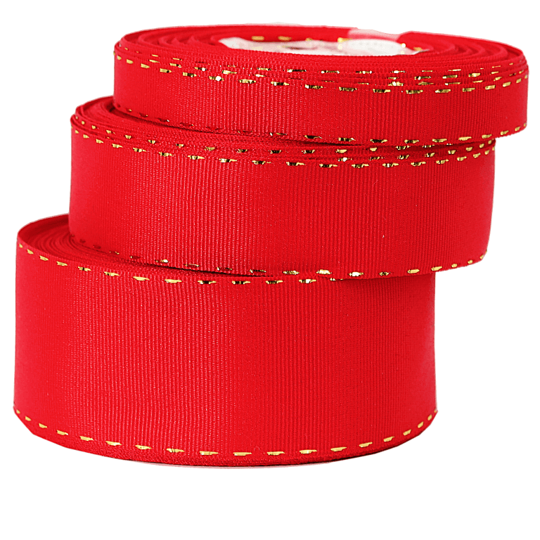 Wstążka rypsowa w złote prążki, 25mm/18mb czerwona