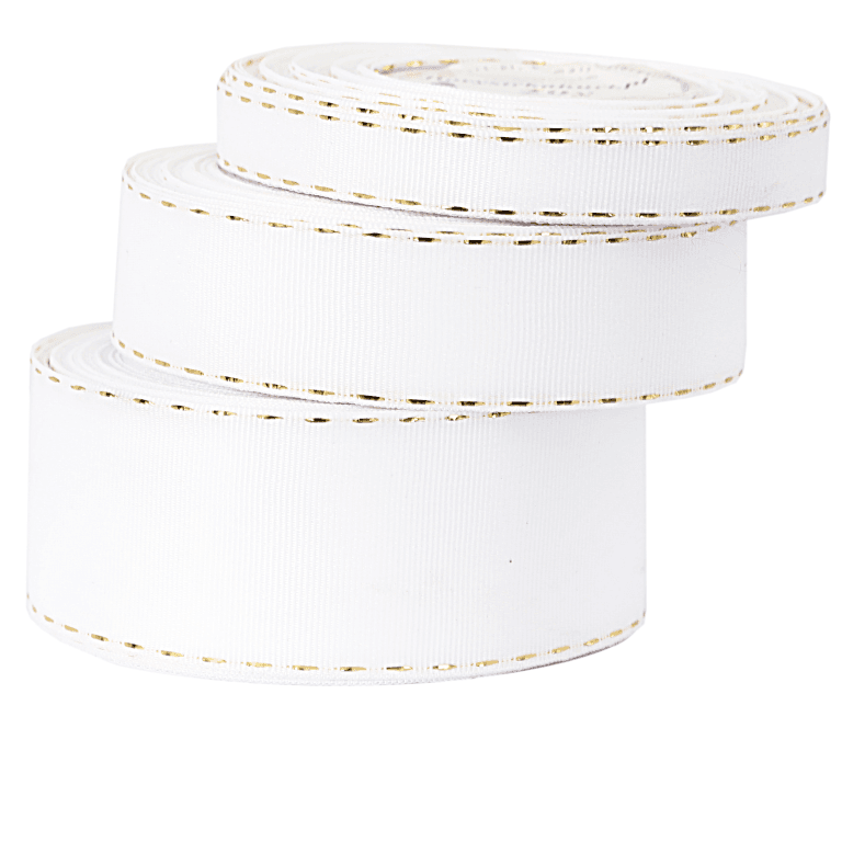 Wstążka rypsowa w złote prążki, 38mm/18mb, biała