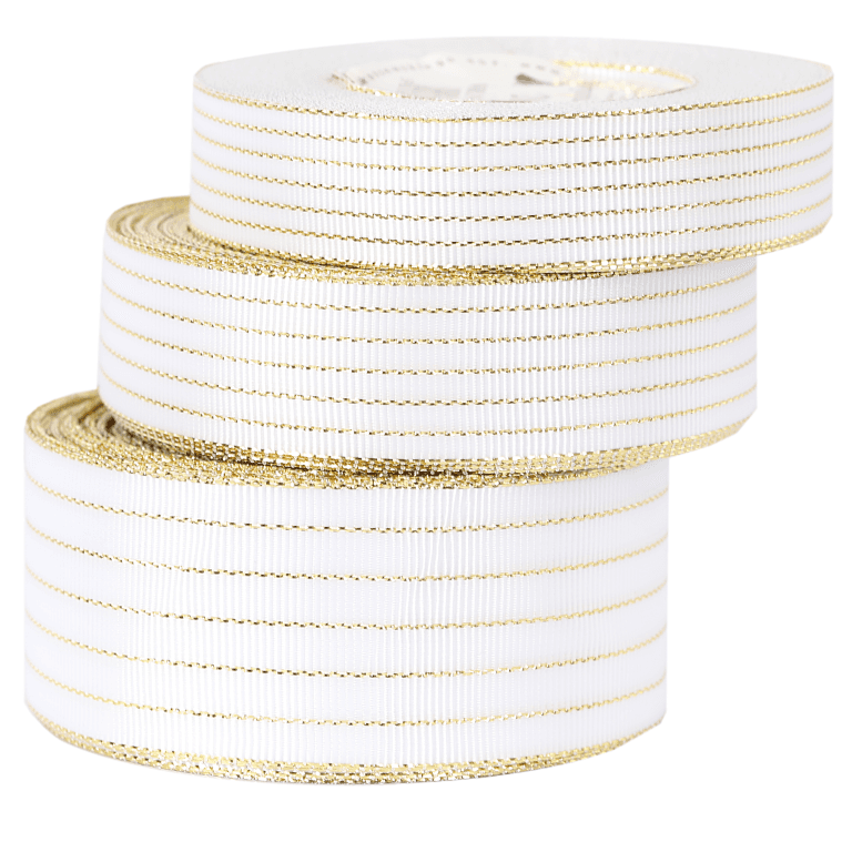 Wstążka rypsowa w złote linie, 19mm/18mb, biała