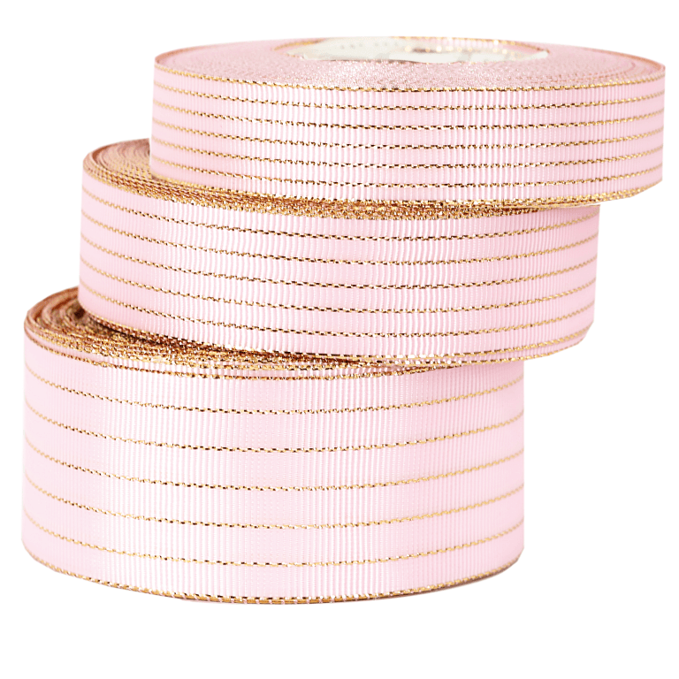 Wstążka rypsowa w złote linie, 19mm/18mb, różowa