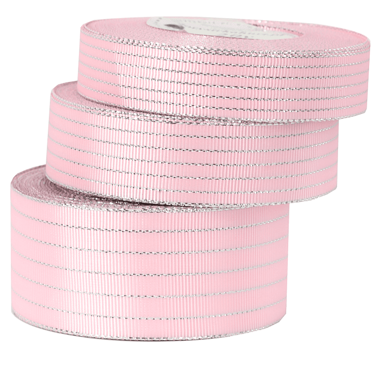 Wstążka rypsowa w srebrne linie, 19mm/18mb, różowa