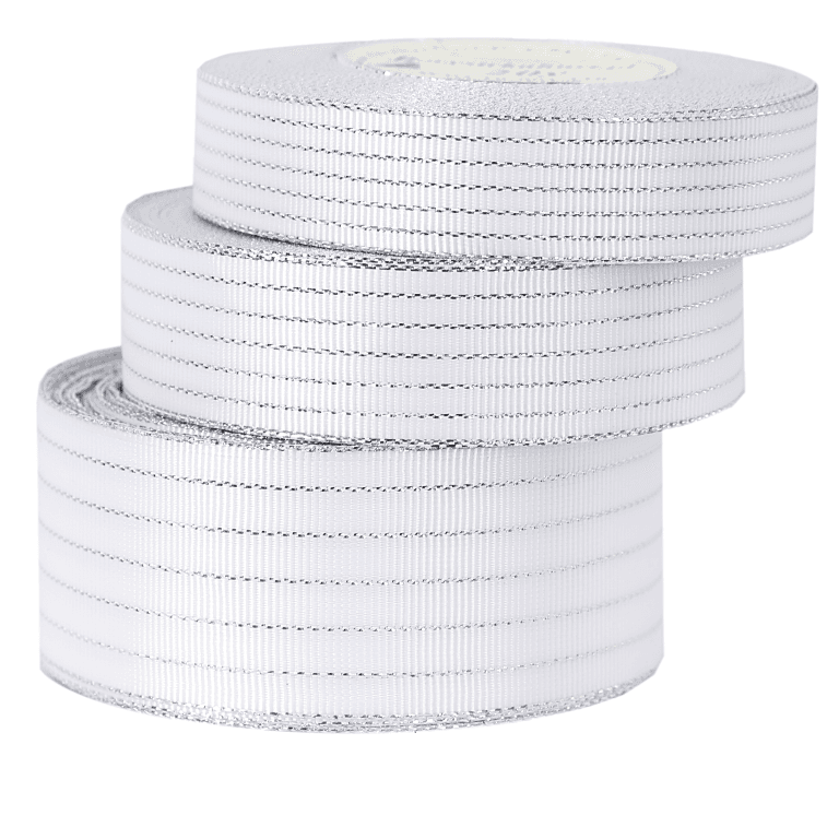 Wstążka rypsowa w srebrne linie, 38mm/18mb, biała