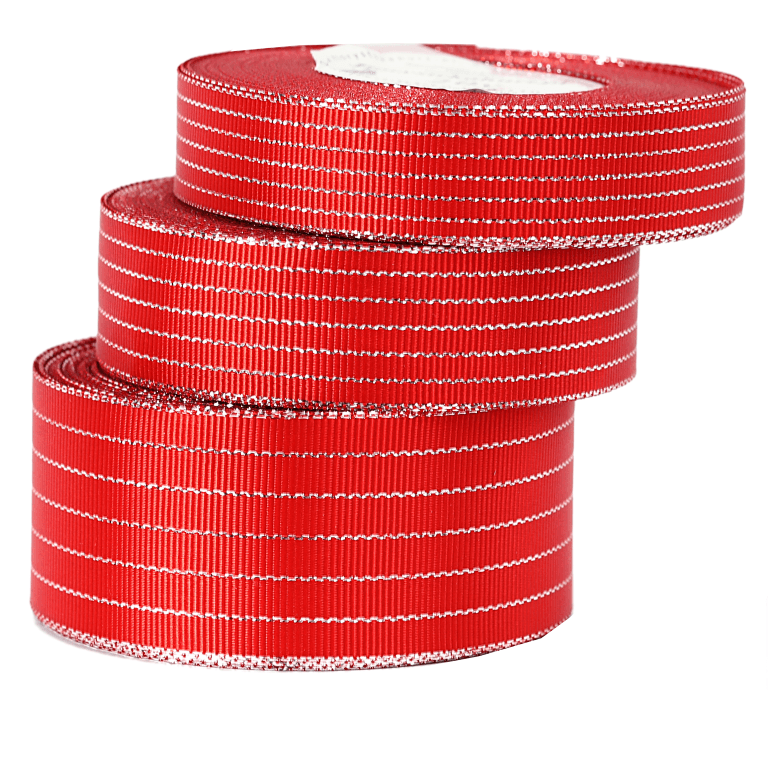 Wstążka rypsowa w srebrne linie 38mm/18mb czerwona