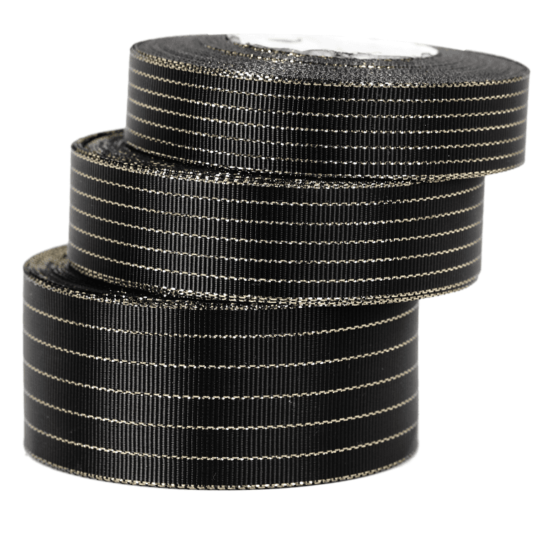 Wstążka rypsowa w złote linie, 38mm/18mb, czarna