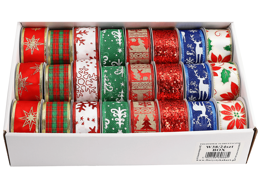 Wstążka świąteczna 38mm/2,7mb, 24 sztuki - MIX